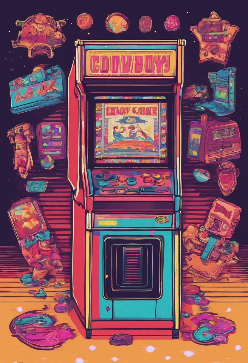 kawaii aesthetic, arcade game room, lofi, vaporwave, synthwave a cowboy rodeo pinball machine art