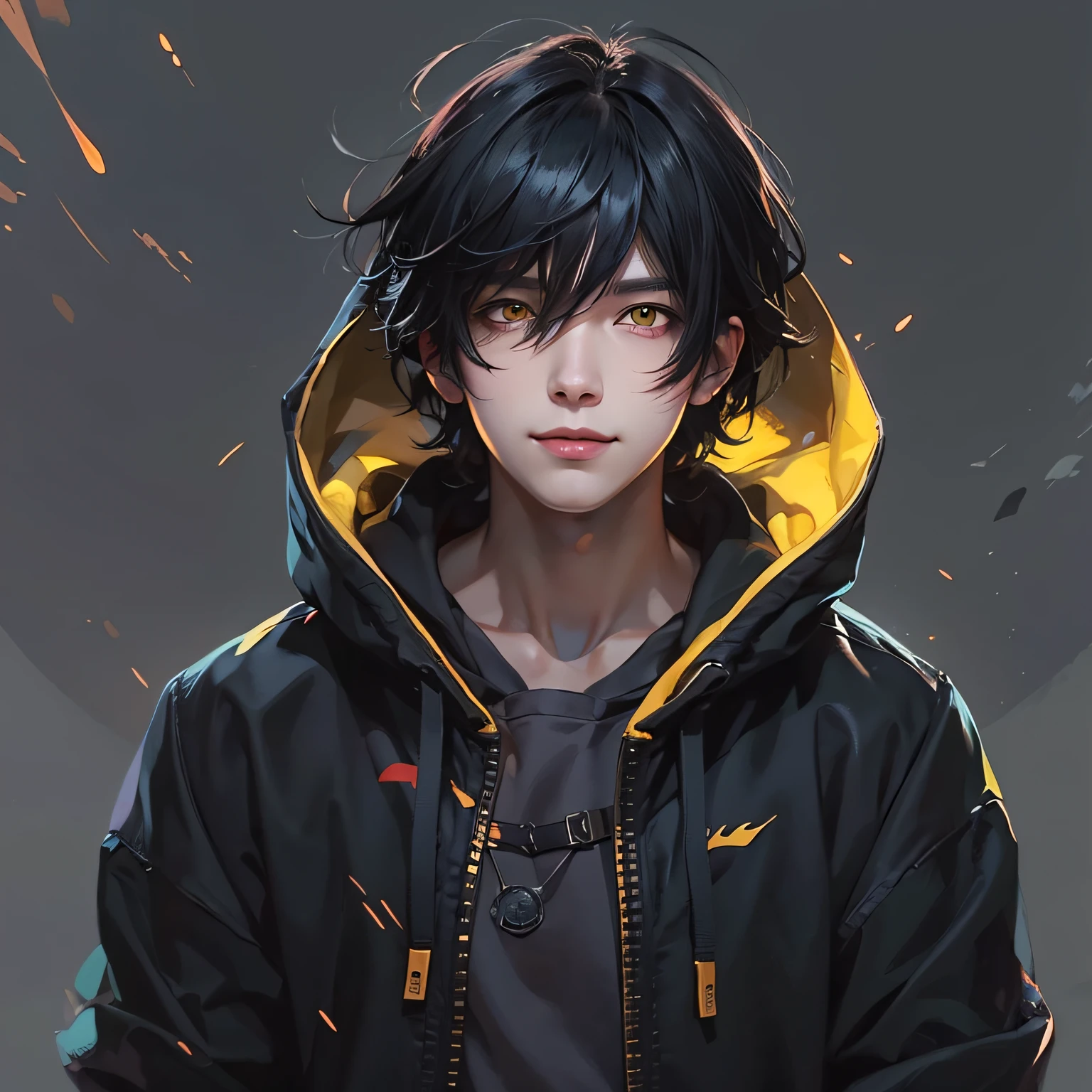 Anime man with yellow eyes and black hair in black hoodie, High quality anime art style, artwork in the style of guweiz, digital anime illustration, anime style character, smile, simple back ground