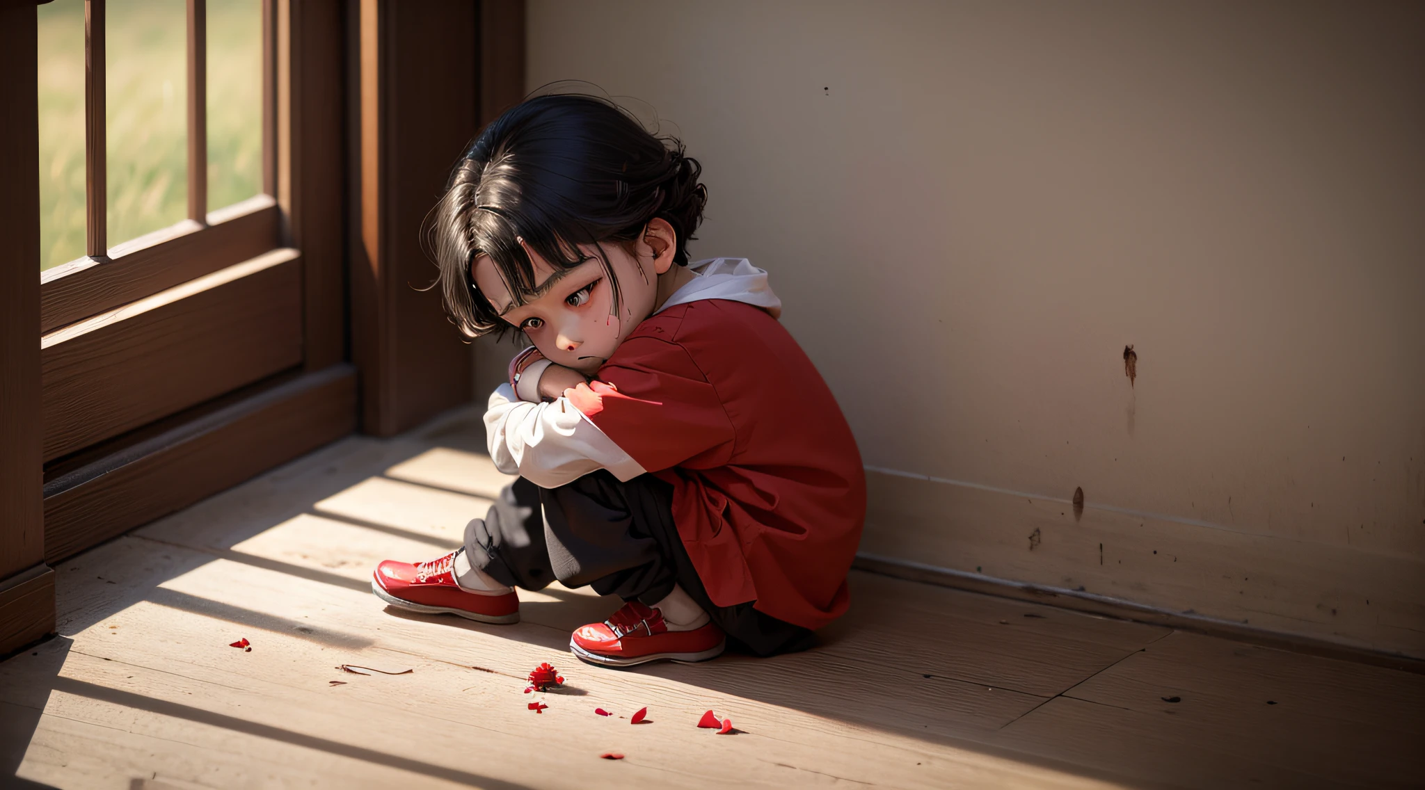 In the corner knelt a thin little figure,The -year boy a delicate white face,There are cinnabar moles on the forehead,Bright red as blood。