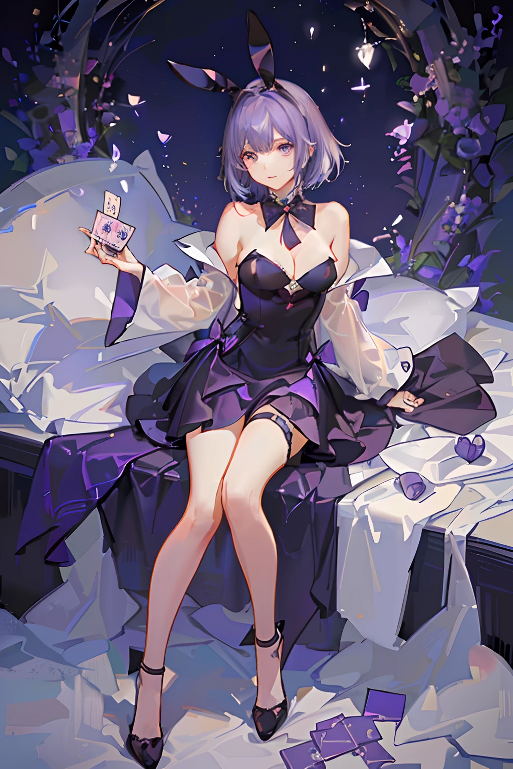 light violet hair,short detailed hair,Deep purple eyes,Qi bangs,Bunny ears,magister,edgBunny,playingcards