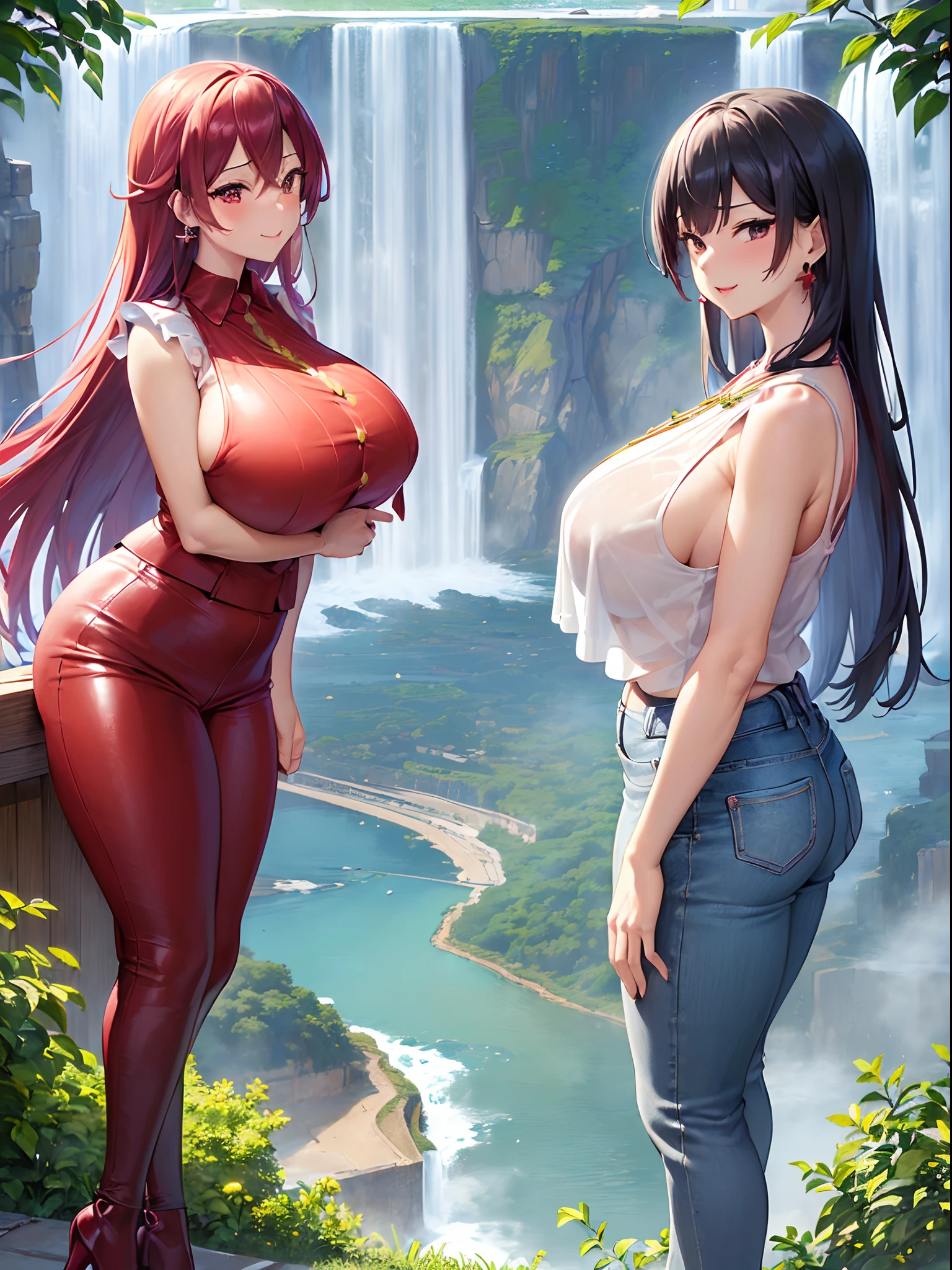 ((masutepiece,Best Quality,Extremely detailed,超A high resolution,Detailed background)),(((Beautiful Niagara Falls in the background))),(1girl in),((Colorful)),Flowers,(Shiny skin),((Many colors)),(earrings),Feathers、Wearing a tank top、Wear red leather pants,Shiny smile、(huge-breasted:1.5)
