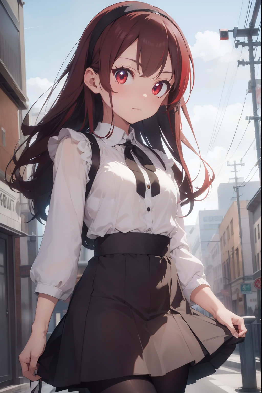 erisgreyrat, eris greyrat, ahoge, hair between eyes, long hair, (red eyes:1.5), red hair, sidelocks, (small breast:1.2),
BREAK black hairband, black ribbon, brown skirt, hairband, long sleeves, neck ribbon, pantyhose, ribbon, shirt, shoulder cutout, skirt, white pantyhose, white shirt, wide sleeves,
BREAK looking at viewer,
BREAK outdoors, city,
BREAK (masterpiece:1.2), best quality, high resolution, unity 8k wallpaper, (illustration:0.8), (beautiful detailed eyes:1.6), extremely detailed face, perfect lighting, extremely detailed CG, (perfect hands, perfect anatomy),