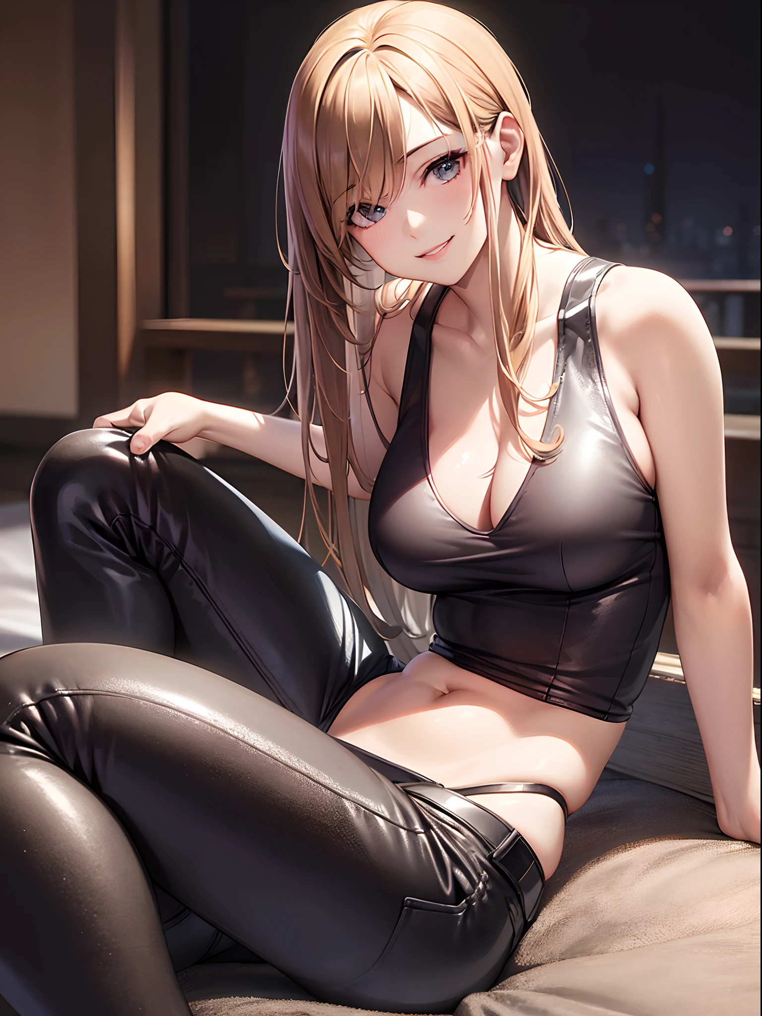 Best Quality, masutepiece, 超A high resolution, (Photorealistic:1.4), Raw photo, 1girl in, Tank tops, Leather trousers,In the Dark, deepshadow, lowkey, cold light, Detailed skin,Warm smile,