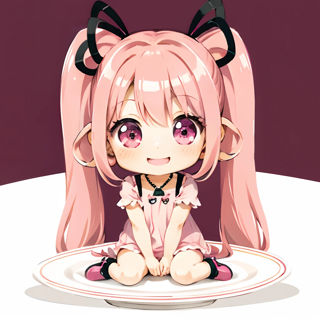 Cute chibi anime sitting on a plate, long pink hair with twin tails、Wear a hot pink mini dress, Smiling, Logo is cheap