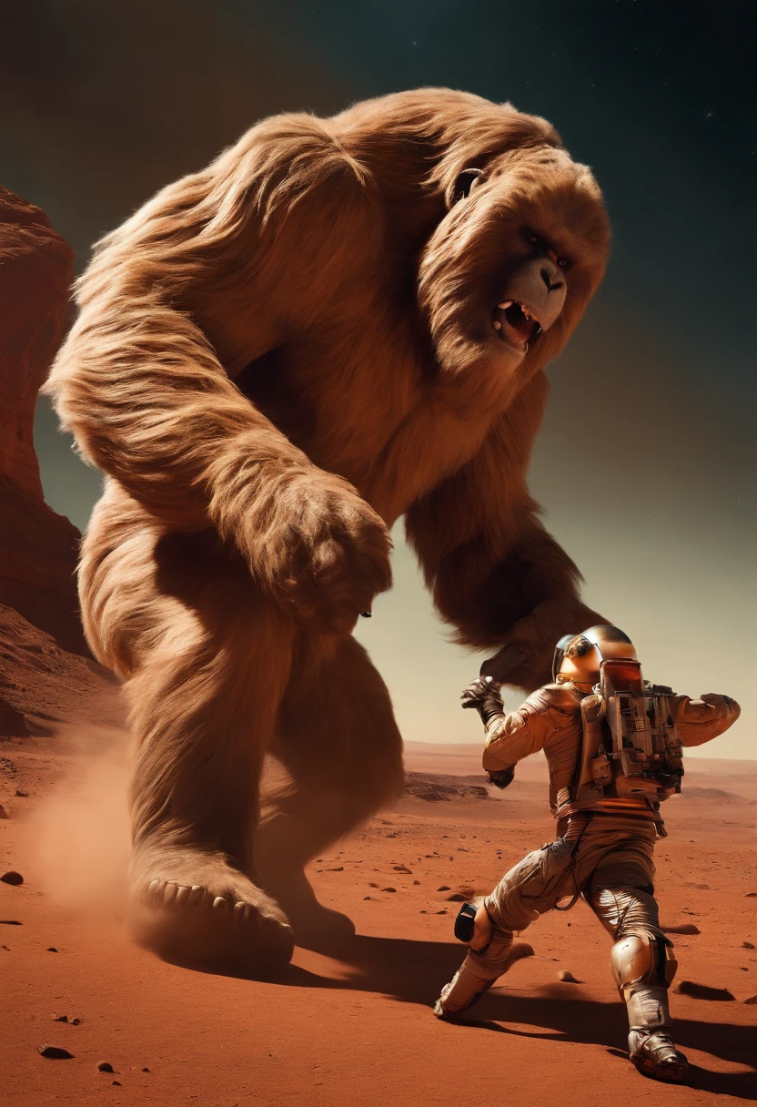 angry sabre toothed bigfoot fighting cosmonaut on mars photographed by NASA