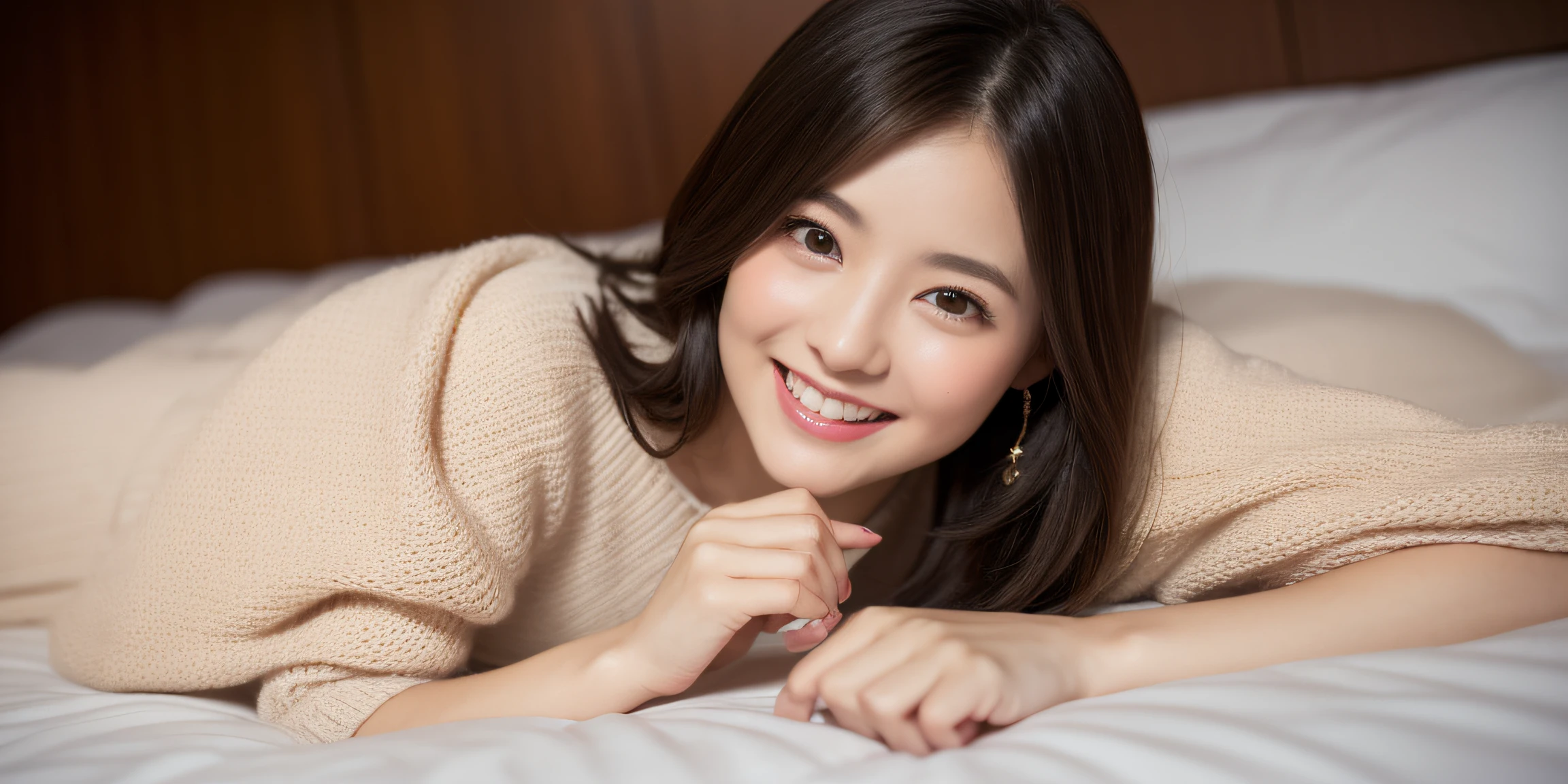 femele１a person、Beautie、femele、Mosketeş、Unclear、wretched、Transparency、a very cute、22year old、enticing eyes、Kinda chubby、Cute clothes、Knitted dresses、Lustrous hair、A dark-haired、big eye、pretty skin、bobhair、Short Bob、stares at the camera、relaxed expression、Happy face、Gentle smile、(in 8K、Raw photography、top-quality、​masterpiece:1.2)、(realisitic、photoRealstic:1.37)、hotels room、Lying down、a bed、Room lighting、window view、optimal lighting、full bodyesbian、Bare legged、thighs thighs thighs thighs、Clean feet、longshot、