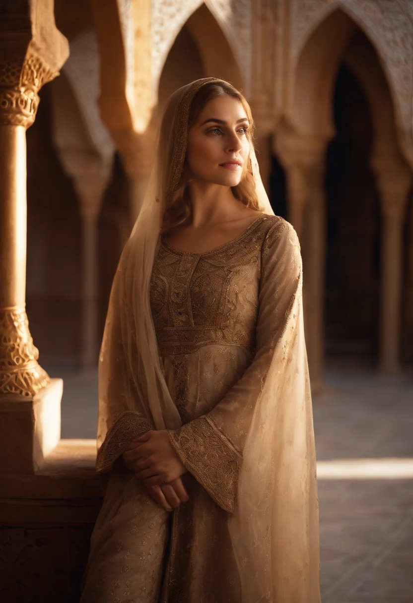 a woman with brown-white hair wearing Islamic women's attire in the palaces of Al-Andalus looking forward,medium:oil painting,detailed attire,detailed architecture,detailed patterns on clothing,and transparent gown flowing,best quality,high-res,ultra-detailed portrait,soft lighting,calm atmosphere,beautiful colors.