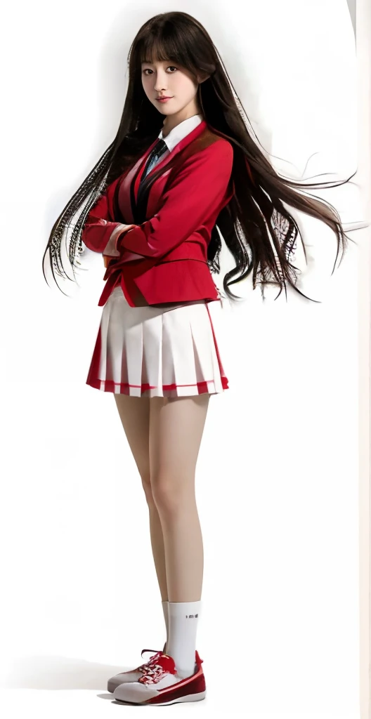 a girl with red blazer and white skirt standing with her arms crossed, long hair, Hyperrealistic, Suzune Horikita, yandere. tall, beautiful high school girl, cute girl, seifuku, long sock, school shoes