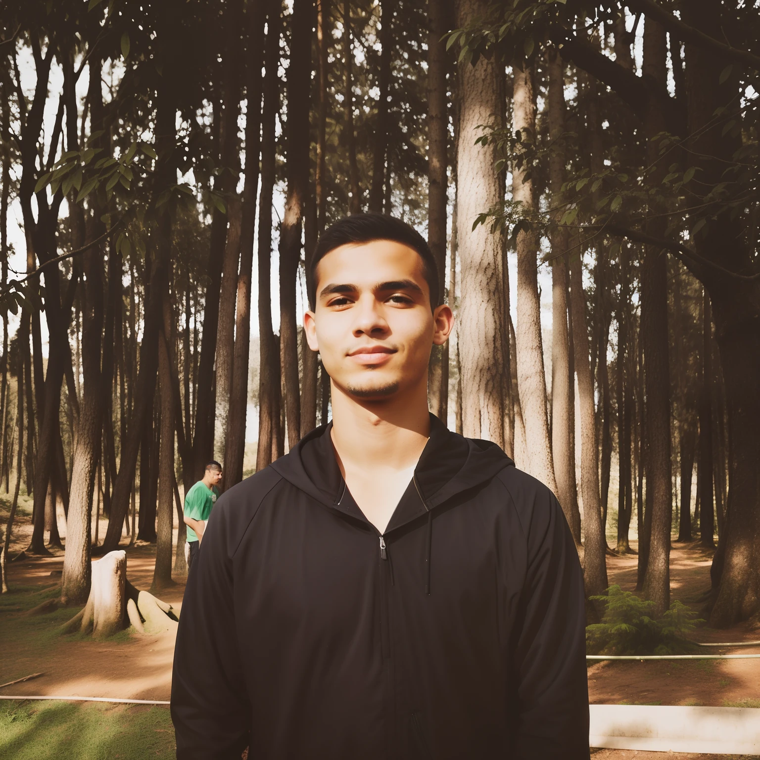 there is a man standing in front of a tree, in front of a forest background, trees in the background, forrest in the background, trees in background, with a tree in the background, caio santos, around 1 9 years old, forest in the background, forrest in background, in front of an amazing forest, mateus 9 5