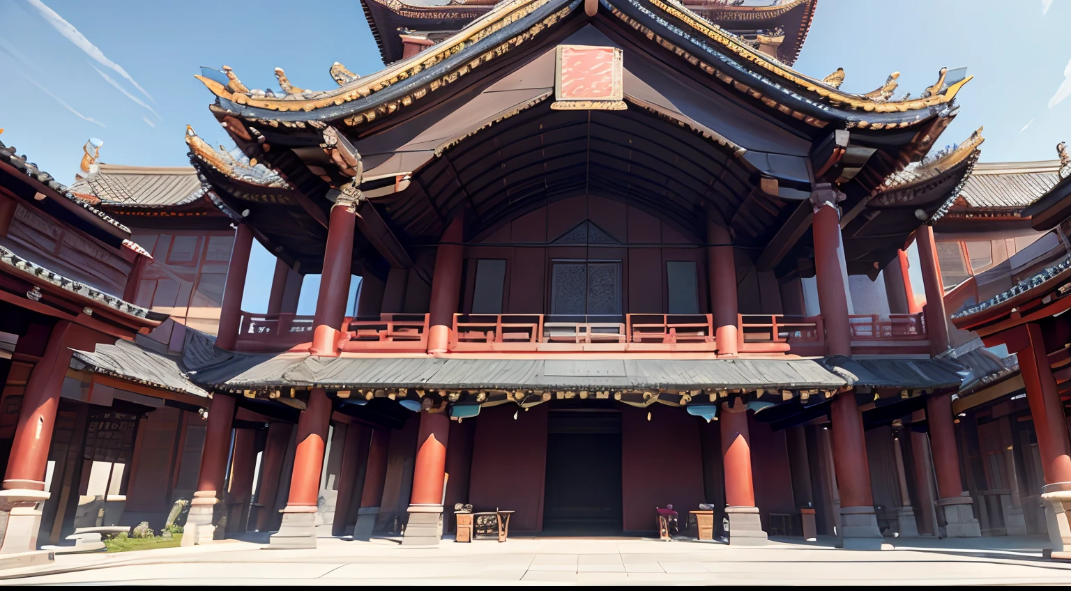 Epic composition,Chinese classical,HD engraving,Bucket arch structure,Intricately carved,elaborate matte painting