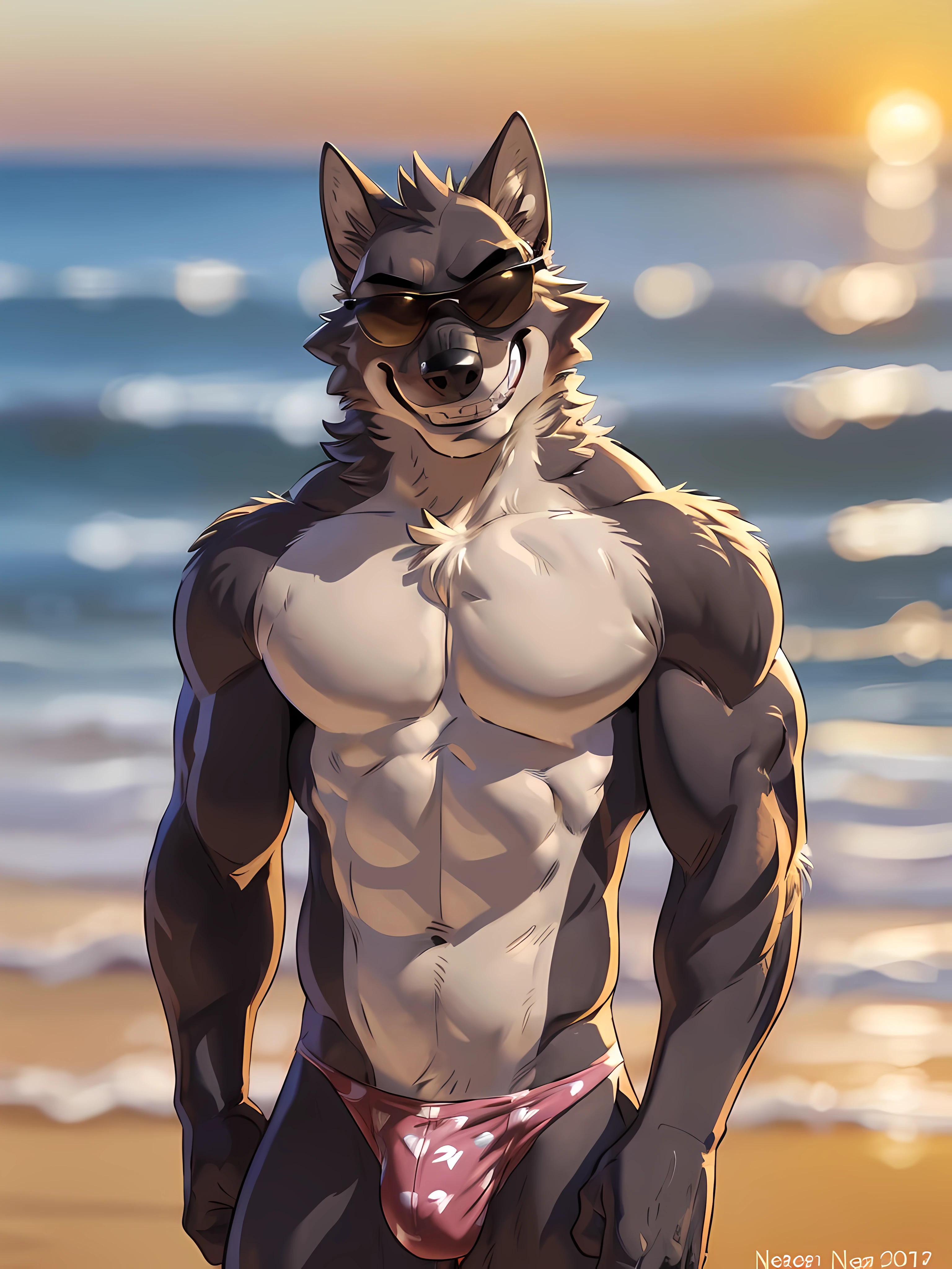 mr wolf, side view. 4k, high resolution, best quality, posted on e621, solo, anthro body, male, adult, masculine, (muscular:1.2), correct anatomy, (beach background, sea background, sky background, daytime:1.0), (blurry background, out-of-focus background:1.2), (by wfa:1.0), (by negger:1.0), (by chunie:0.5), , (cel shaded, cartoony shading:1.2), black lineart, black outline, flat coloring, (strong shadows, dark shadows:1.2), (pink speedos, bulge, wearing sunglasses:1.0),  shadows, wolf tail, half body