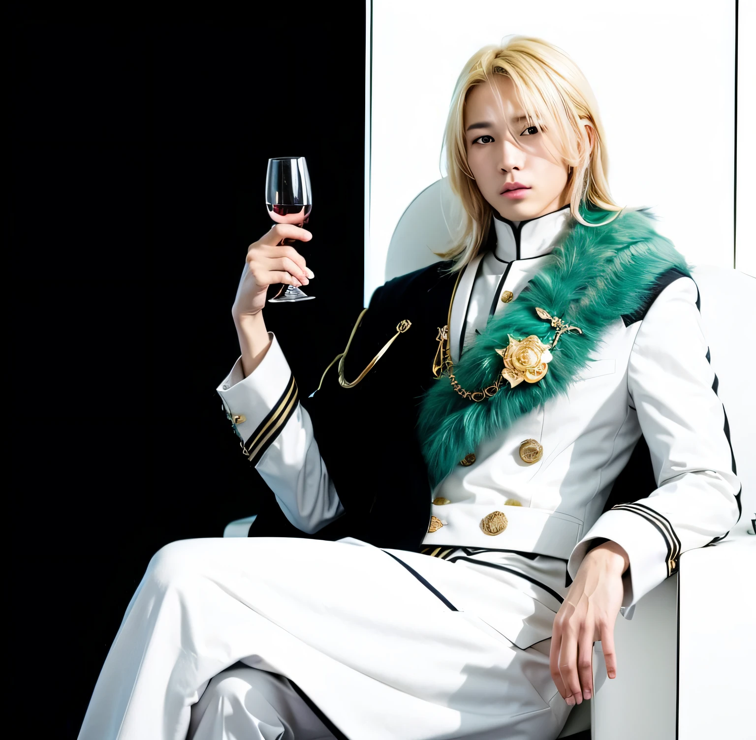 A young asian man sitting on a throne holding a glass of wine in his one hand with blonde hair, ultra realistic, high quality, detailed face