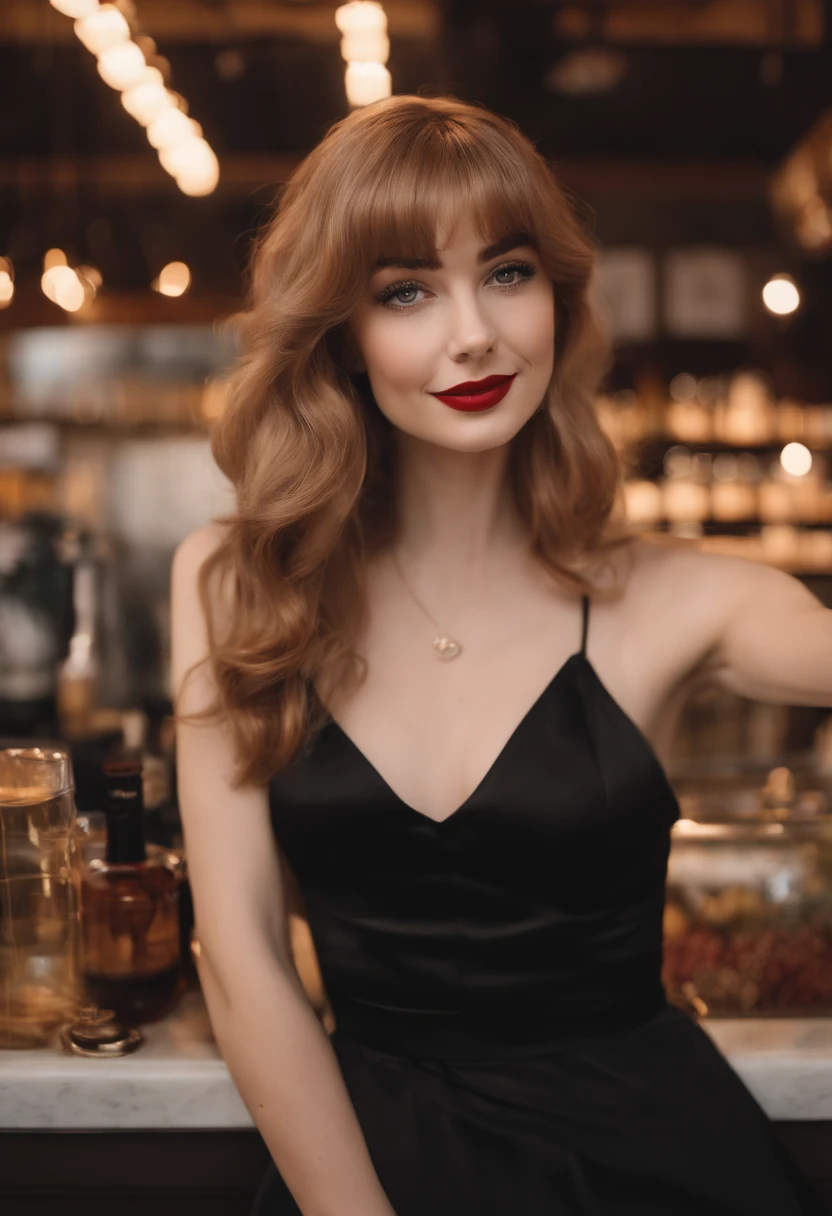 araffed woman in a black dress posing for a selfie, belle delphine, straight bangs, small breasts, inspired by Oliver Sin, brown haired, tiktok, on knees, mischievous grin, emma stone face, inflatable, bengus, caught, uncropped, photo mid shot, at the counter, grimes, harness, say, yes
