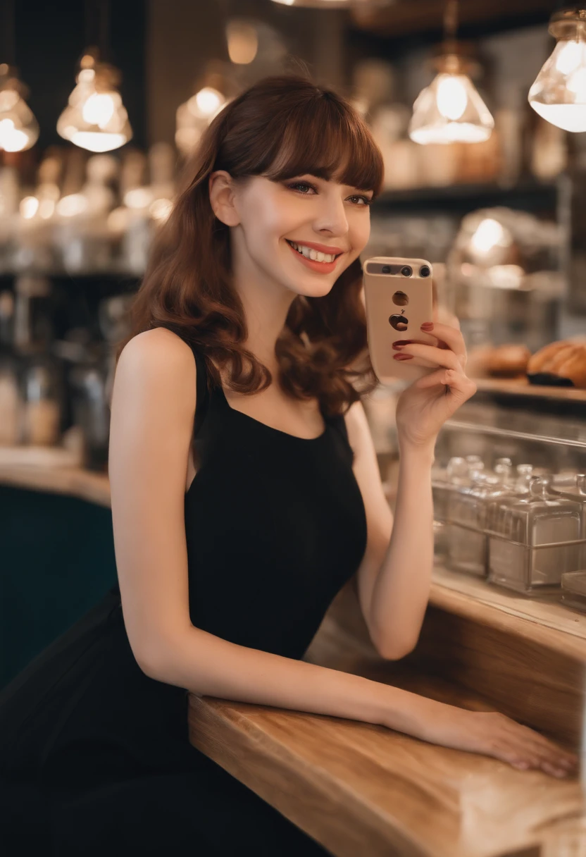 araffed woman in a black dress posing for a selfie, belle delphine, straight bangs, small breasts, inspired by Oliver Sin, brown haired, tiktok, on knees, mischievous grin, emma stone face, inflatable, bengus, caught, uncropped, photo mid shot, at the counter, grimes, harness, say, yes