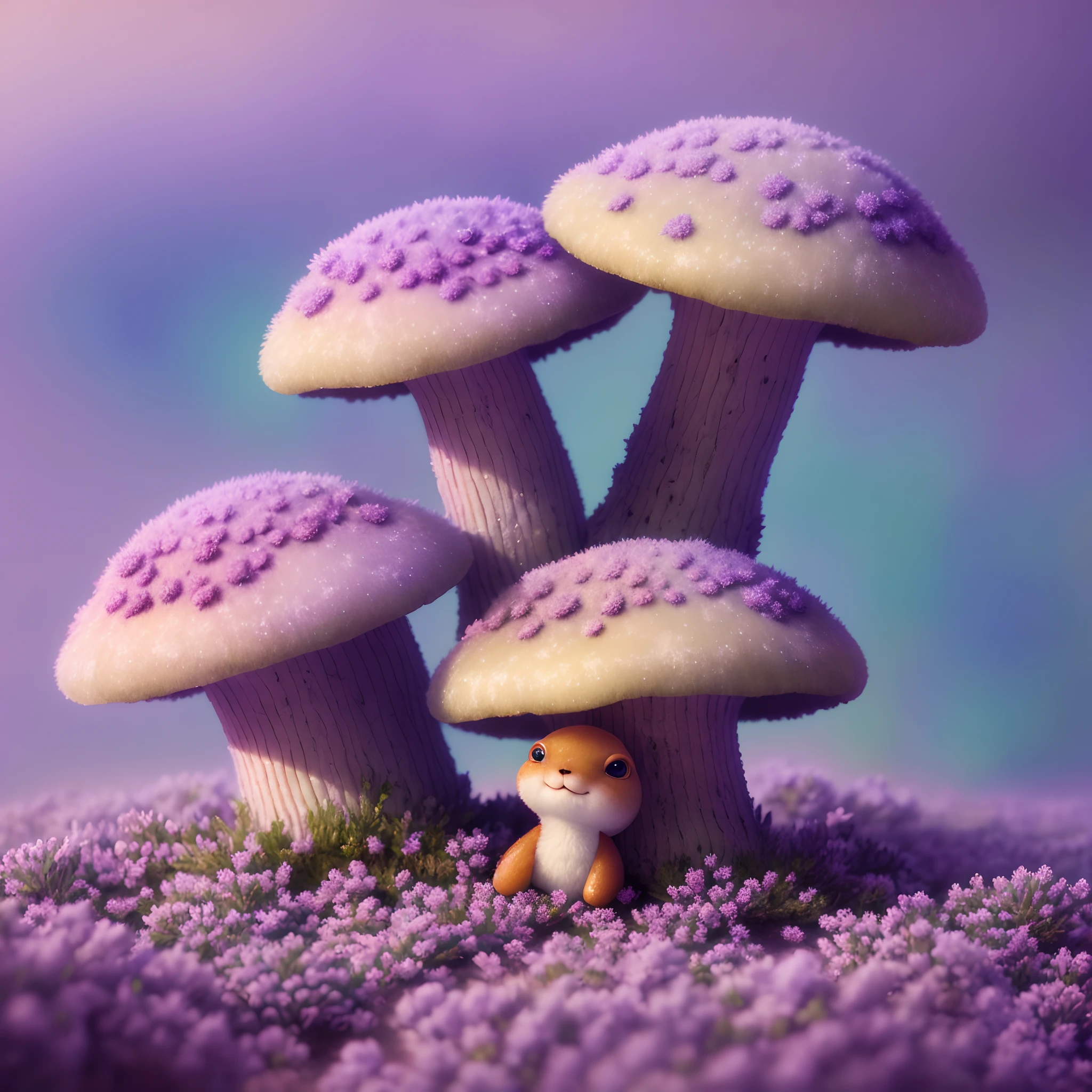 Oil painting of a cosy vintage tiny cute fungi, on a icy planet, in a. lavender haze, octane render by weta digital, exotic colorful pastel, ray traced lighting and reflections by Yoji shinkawa