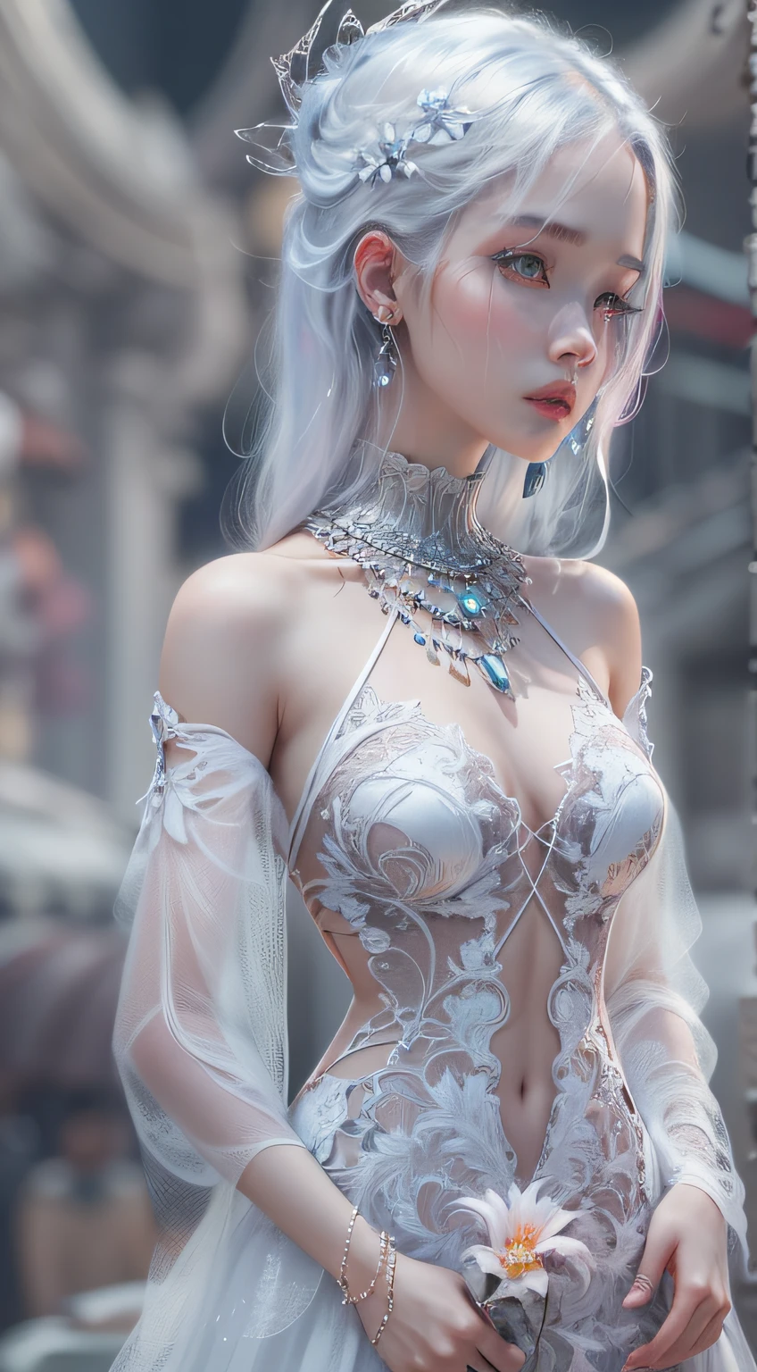 (Best Quality,4K,8K,hight resolution,masutepiece:1.2),Ultra-detailed,twins,White hair,Stockings,intricate lace、complex dress、intricate hair ornament、Complex earrings、Complex necklaces、,Futuristic city,