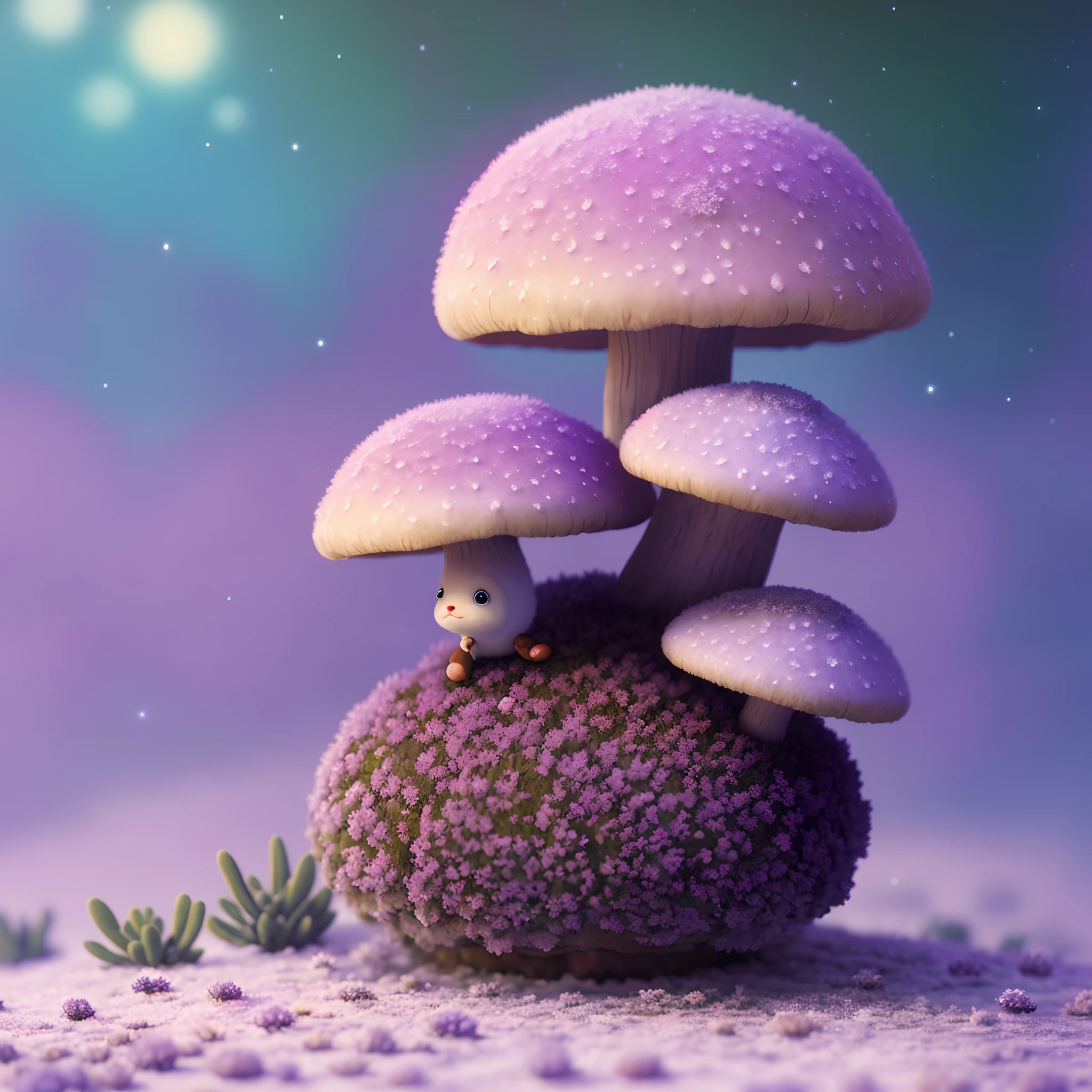 Oil painting of a cosy vintage tiny cute fungi, on a icy planet, in a. lavender haze, octane render by weta digital, exotic colorful pastel, ray traced lighting and reflections by Yoji shinkawa