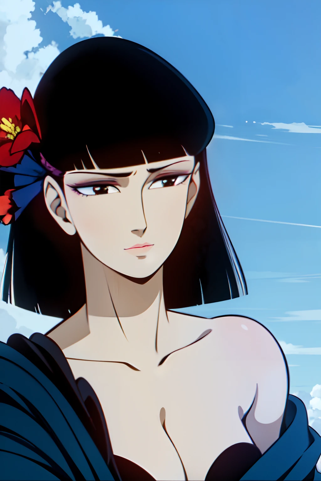 1girl, Oyuki \(the Dagger of kamui\), blue-Kimono with flower pattern, black leotard, flower headdress, jet-black hair, black eyes, blue eyeshadow, red lips, ((upper body, face focus)),