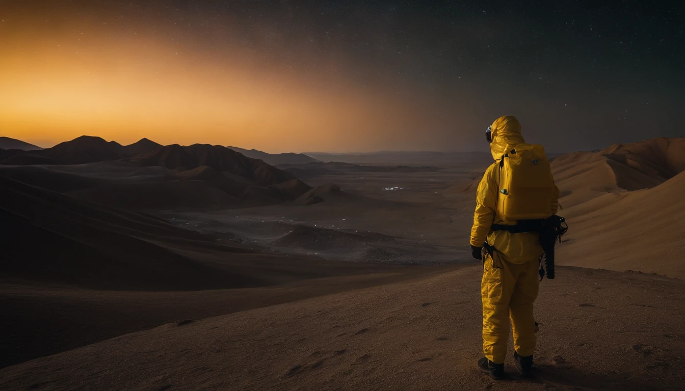 A person stands in the Ulanqab Volcano Geopark,Wearing yellow futuristic technology protective clothing,Facing the lens,Behind is the Gobi landscape,Master parts、Superior quality、Superior image quality、8K quality、Beautiful picture of the starry sky、magnifica、Gobi landscape,arching milkyway