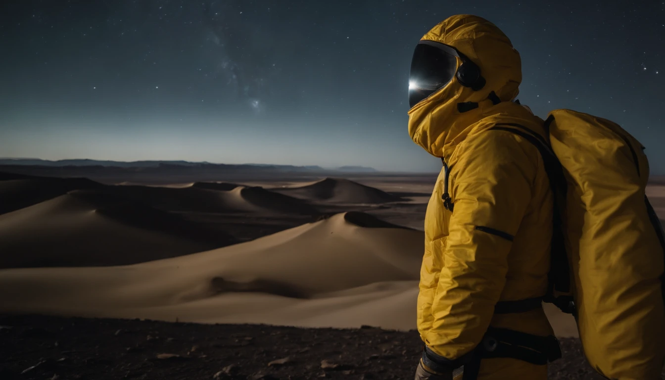 A person stands in the Ulanqab Volcano Geopark，Wearing yellow futuristic technology protective clothing，Facing the lens，Behind is the Gobi landscape，Master parts、Superior quality、Superior image quality、8K quality、Beautiful picture of the starry sky、magnifica、Gobi landscape，arching milkyway