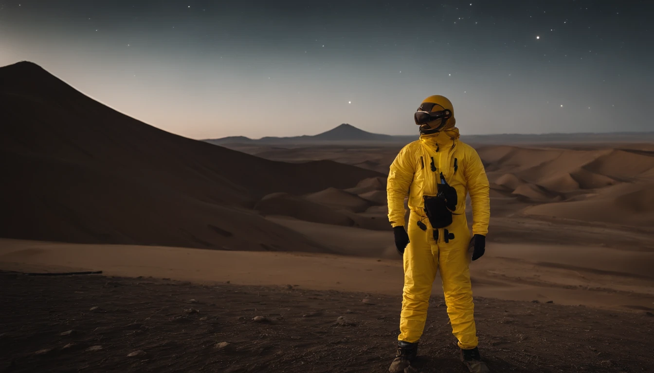 A person stands in the Ulanqab Volcano Geopark,Wearing yellow futuristic technology protective clothing,Facing the lens,Behind is the Gobi landscape,Master parts、Superior quality、Superior image quality、8K quality、Beautiful picture of the starry sky、magnifica、Gobi landscape,arching milkyway
