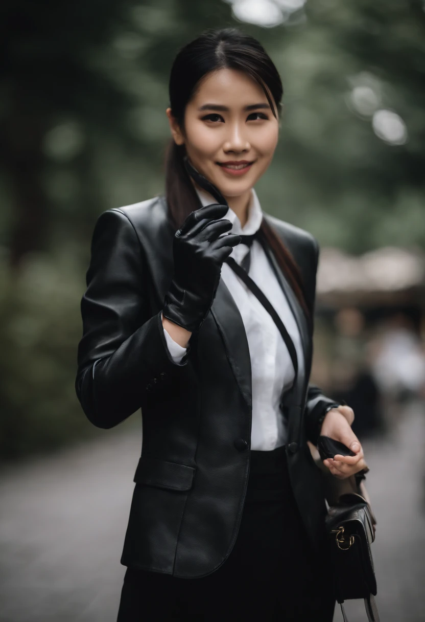 Black leather gloves in both hands, blazer and ribbon uniform, black hair ponytail, upper body, conversation with a smile with a black smartphone, cute Japanese girl (black leather gloves covering both hands) traveling alone