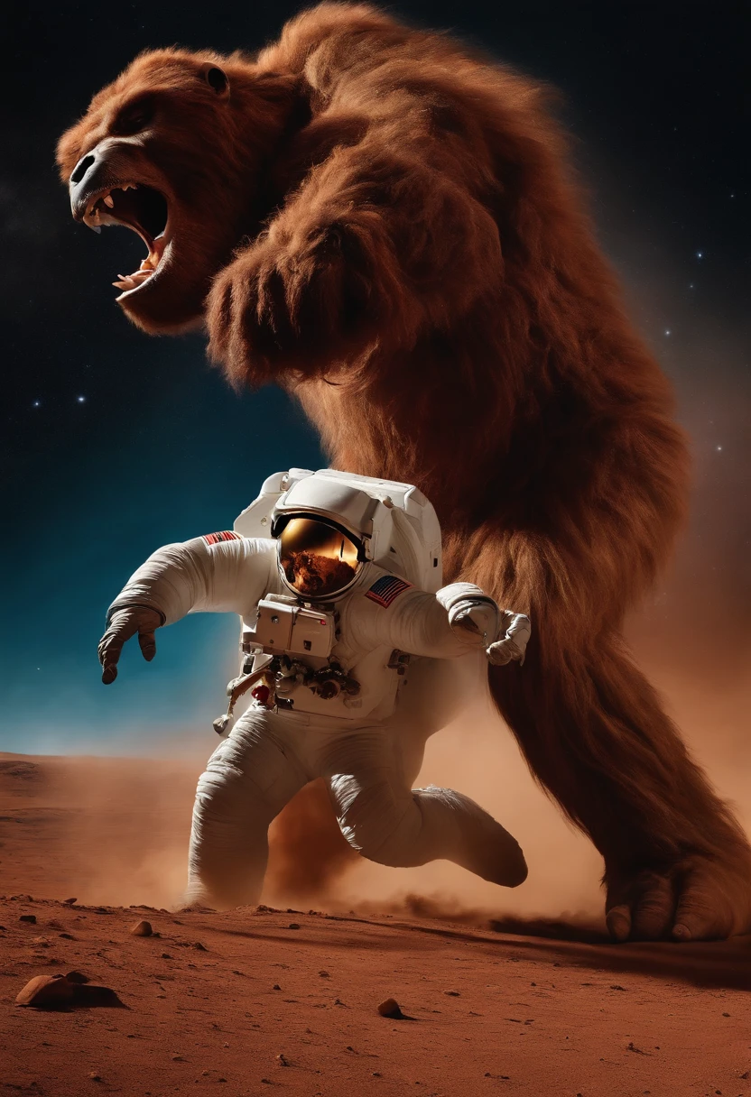 angry sabre toothed bigfoot fighting cosmonaut on mars photographed by NASA