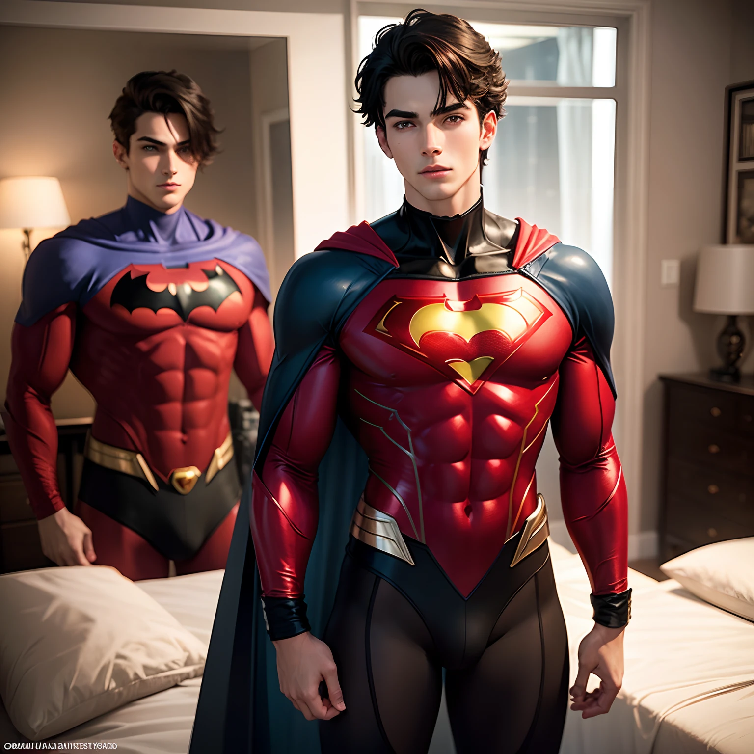 Teenage male Superman Batman standing in bedroom wearing  red tights and  black panties