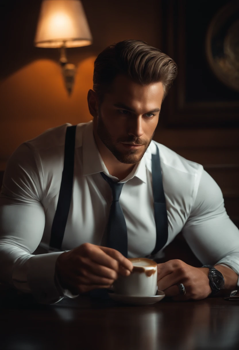 1man,
a 30 y.o muscular male wearing long-sleeve white shirt and tie, drinking coffee,
soft lighting,
masterpiece, best quality, 8k uhd, dslr, film grain, Fujifilm XT3 photorealistic painting art by midjourney and greg rutkowski