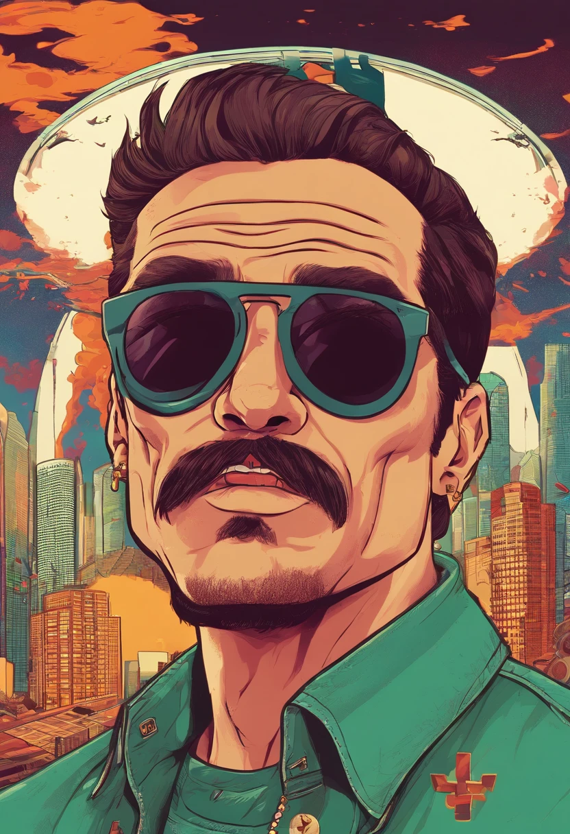 （high dynamic range）machos adultos、Caucasiana、Cabelos Prateados、[[um colar、mustache、piercings]]、（ultra-detalhada）Matrix Sunglasses、black hat、camisetas brancas、Desenhos animados em um terno preto、Wind illustration, arte dos desenhos animados, arte dos desenhos animados, in digital illustration style, design de personagem altamente detalhado,design de personagem retrato, beautiful digital illustrations, retrato de alta qualidade, arte dos desenhos animados, Retrato de um design de personagem、