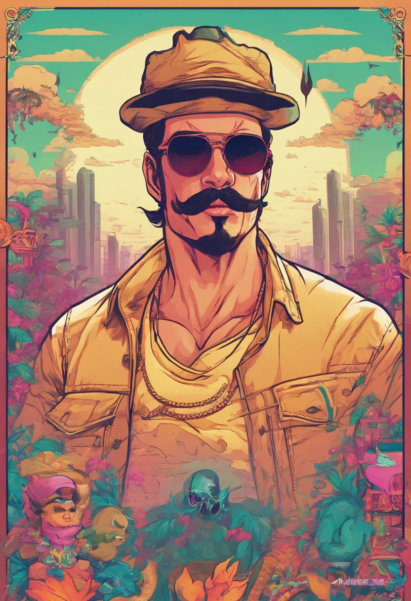 （High dynamic range）Adult males、bule、Hair colorsilver、[[a necklace、mustache、piercings]]、（ultra-detailliert）Black sunglasses、Black hat、white t-shirts、Cartoon style illustration of a black suit, cartoon artstyle, cartoon artstyle, in digital illustration style, highly detailed character design,, Portrait Character Design, beautiful digital illustrations, high quality portrait, Cartoon art, Portrait of a character design、