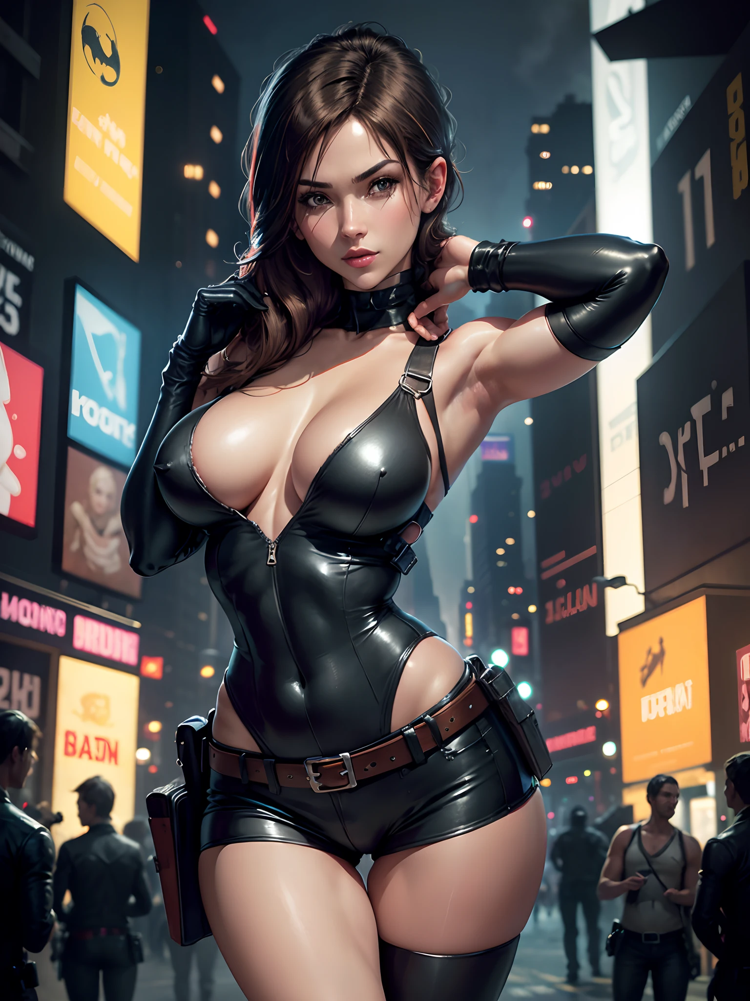 (New York: 1.3), (time square), (master piece,
best quality: 1.2)(zombies in the background: 1.2), Alice resident evil, 1 girl only,
long hair, breasts, smile, big breasts, brown hair,
blue eyes, vest, big hair, blond hair,
light hair, parted lips, clothing,
Two-tone hair, open jacket, lined lips,
Black bodysuit, covered navel, makeup,
muscular, headband, abs, tight skin,
tight black clothes, muscular female, dyed bangs,
black bodysuit, full bodysuit, leather shorts and belt, tech weapon, Looking at Viewer, (average boobs: 1.3),
(breasts hanging: 1.3), (breasts full: 1.3),
(realism: 1.5), (Realisitc: 1.4) , (Absurdity:1.4), 8k,
ultra-detailed, Detailed Beautiful Woman, (only:1.4), 1girl,
(Viewer facing:1.2),