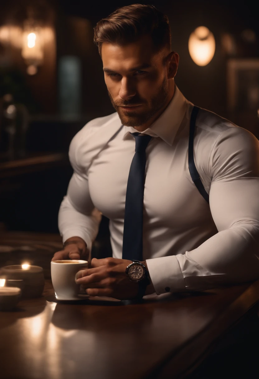 1man, 
a 30 y.o muscular male wearing long-sleeve white shirt and tie, drinking coffee,
soft lighting, 
masterpiece, best quality, 8k uhd, dslr, film grain, Fujifilm XT3 photorealistic painting art by midjourney and greg rutkowski