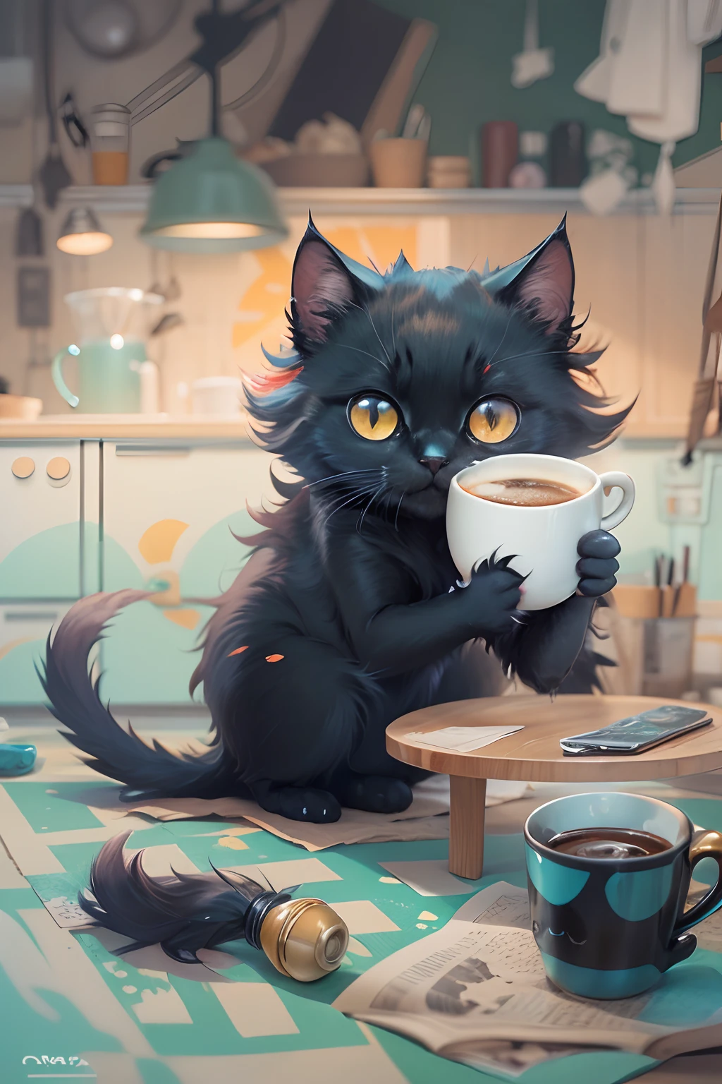 An anime-inspired scene showcases an adorable, disheveled black cat with oversized expressive eyes, holding a coffee cup in its paw. Against a crisp white background, the cat's messy fur stands out, contrasting beautifully with vibrant pops of subtle pastel hues around it.