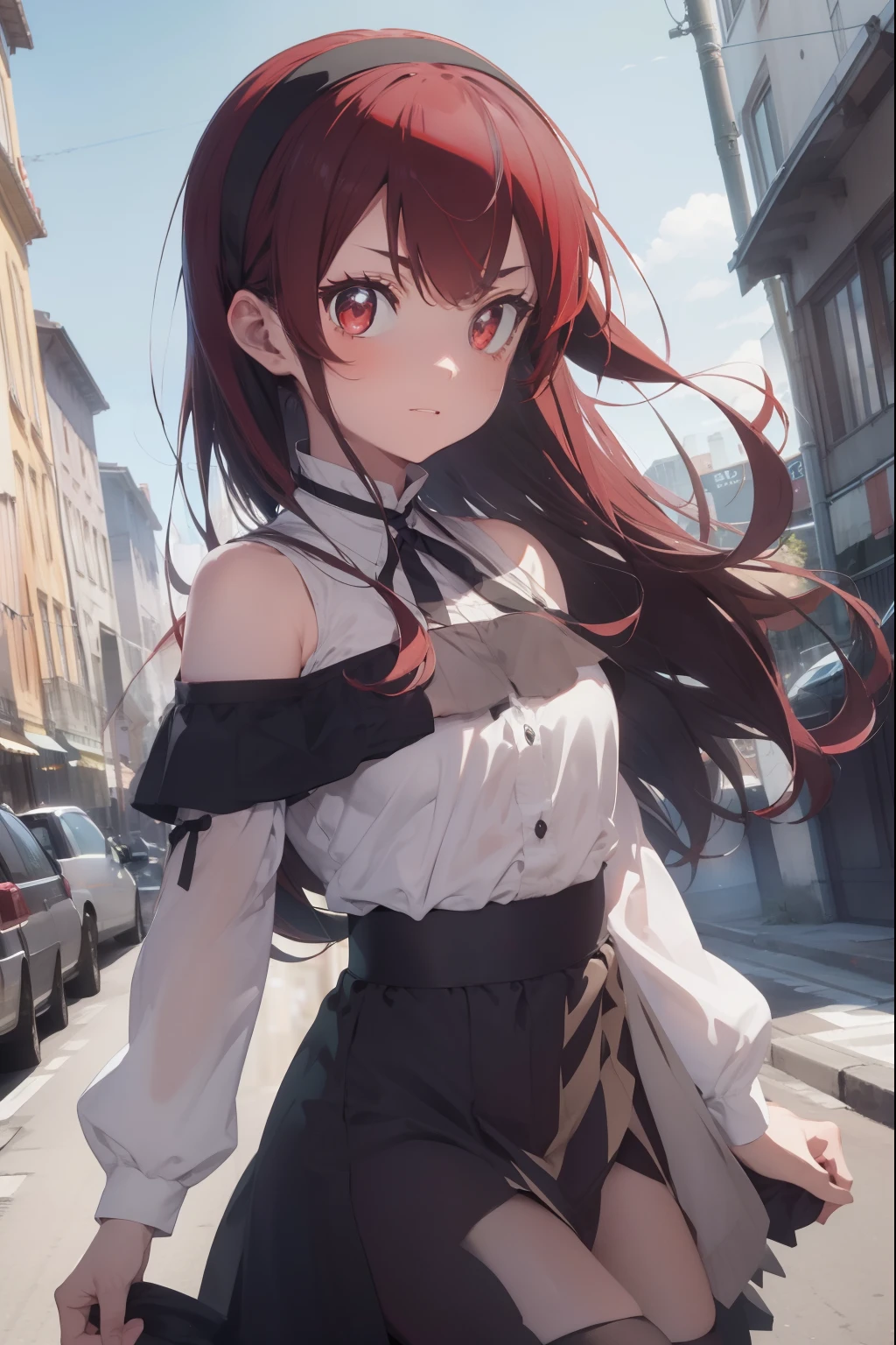 erisgreyrat, eris greyrat, ahoge, hair between eyes, long hair, (red eyes:1.5), red hair, sidelocks, (small breast:1.2),
BREAK black hairband, black ribbon, brown skirt, hairband, long sleeves, neck ribbon, pantyhose, ribbon, shirt, shoulder cutout, skirt, white pantyhose, white shirt, wide sleeves,
BREAK looking at viewer,
BREAK outdoors, city,
BREAK (masterpiece:1.2), best quality, high resolution, unity 8k wallpaper, (illustration:0.8), (beautiful detailed eyes:1.6), extremely detailed face, perfect lighting, extremely detailed CG, (perfect hands, perfect anatomy),