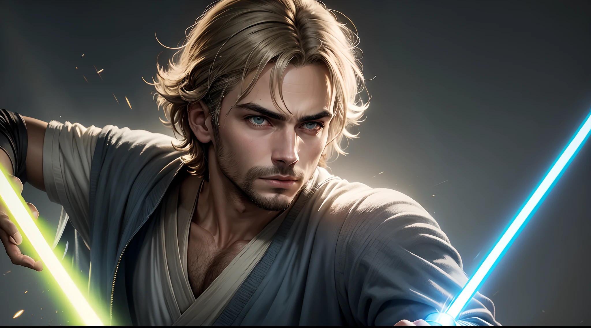 Crie retrato de um homem encapuzado jedi adulto segurando um sabre de luz sem luz