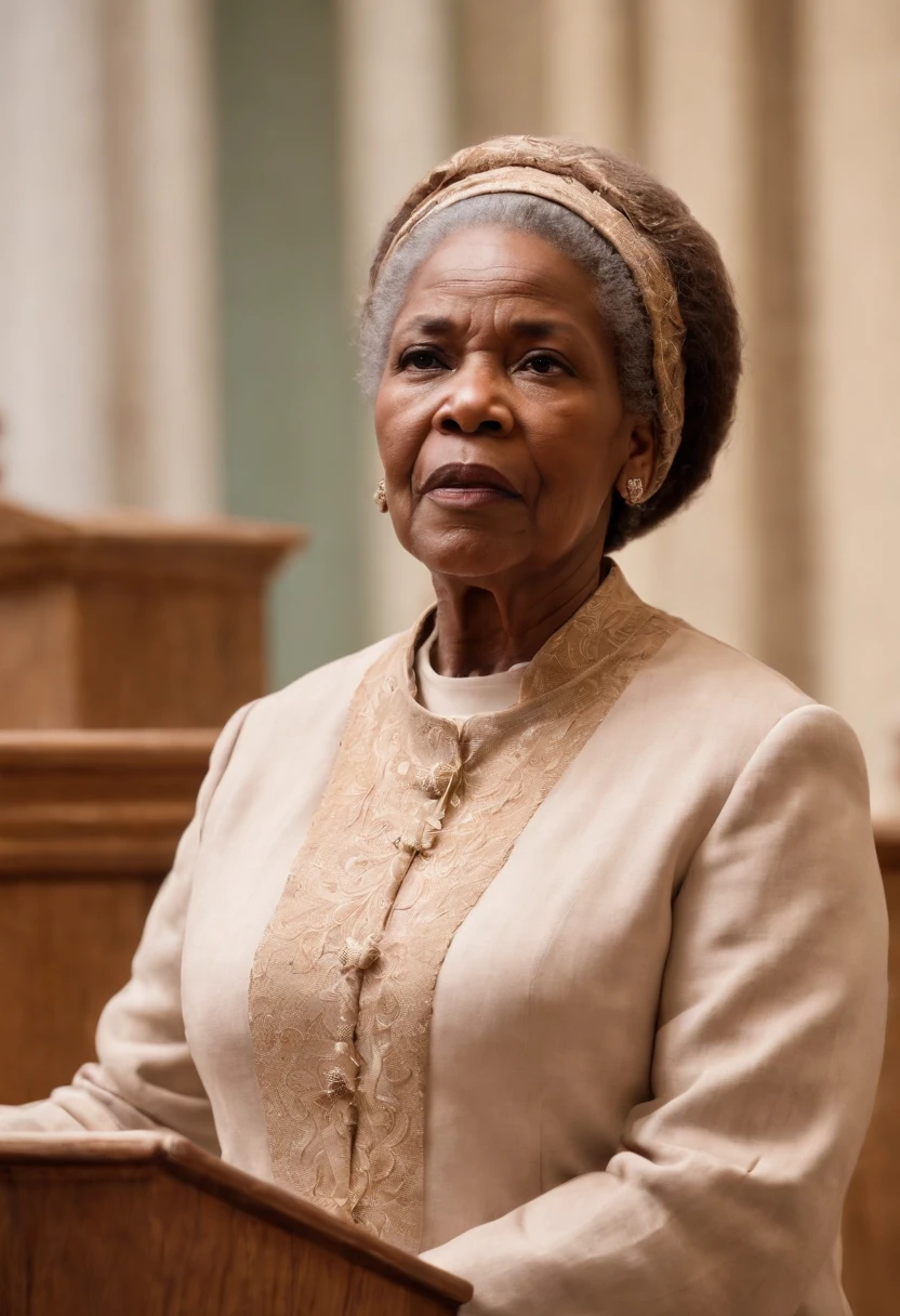 Generate a caption for an image of a 70-year-old African American woman preaching from a church pulpit.