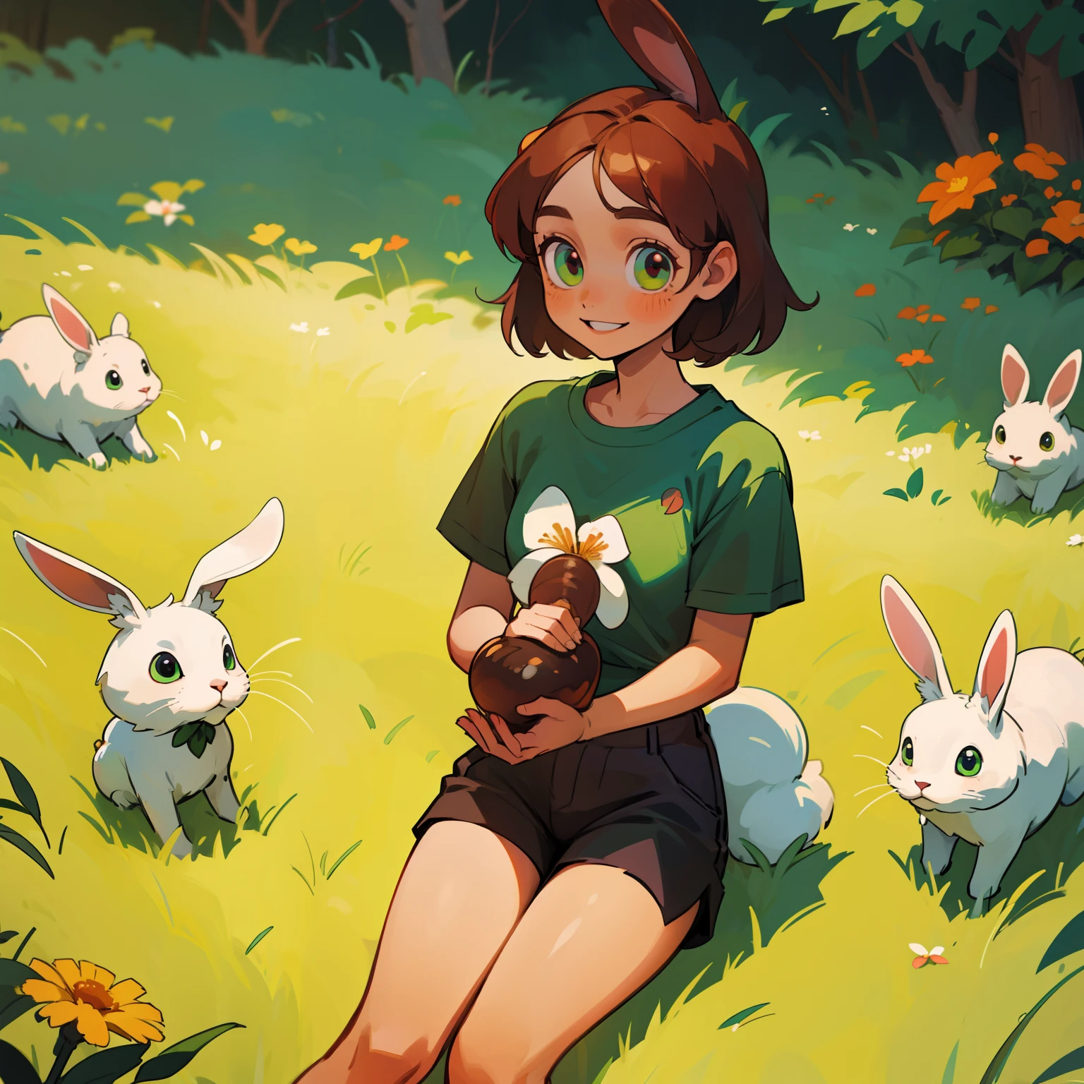 Girl, cinnamon eyes, brown hair, smiling, holding a flower, sitting on the grass, fair skin, green T-shirt, black shorts, , white rabbit ears, white rabbit tail