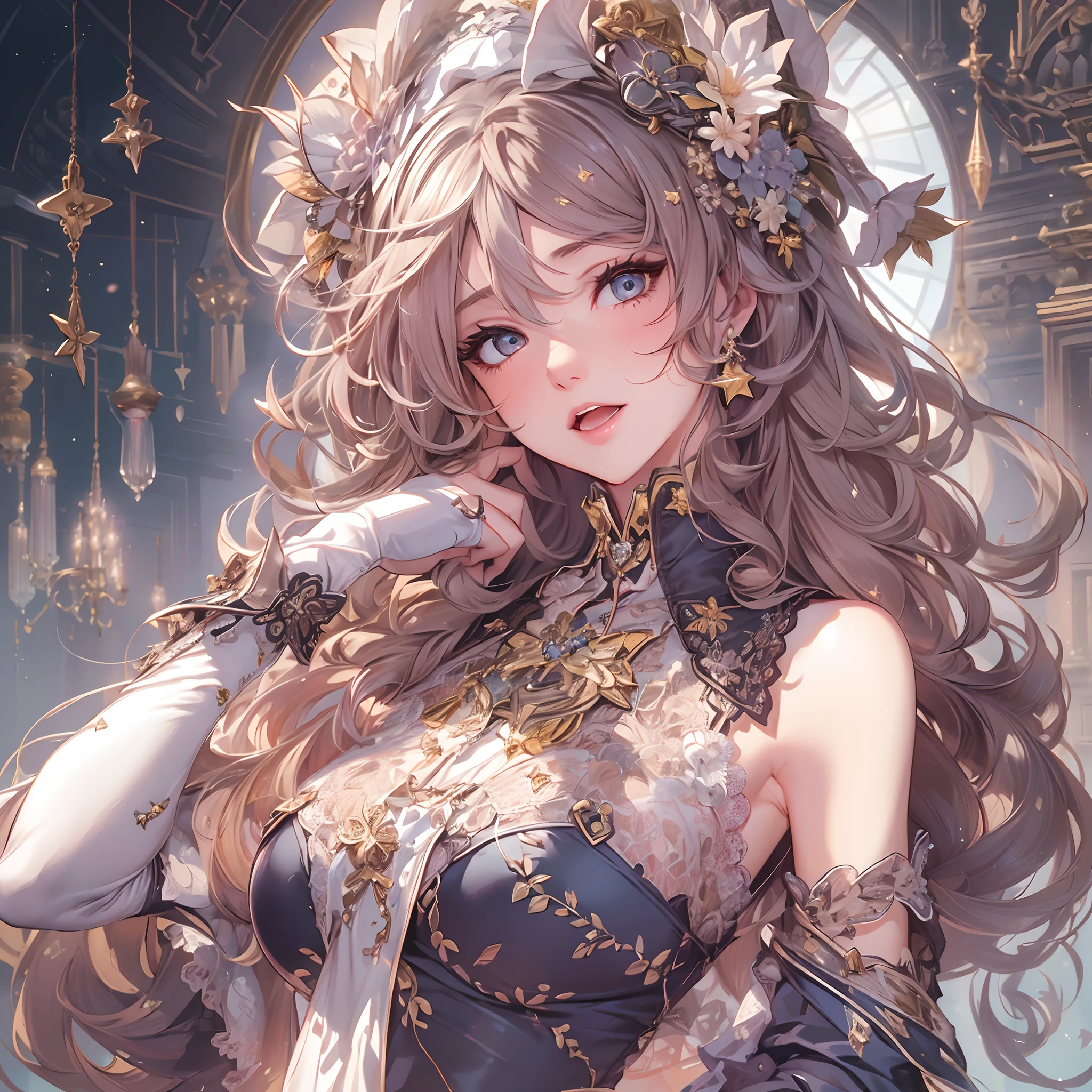 ((Masterpiece, Highest quality)), Detailed face, CharacterDesignSheet, full bodyesbian, Full of details, Multiple poses and expressions, Highly detailed, Depth, Many parts,Beautiful naval girl,estilo fantasia,mirrors,Extremely beautiful,High Balance, Natural light, Lace,lacepantyhose,starrysky,Star decoration