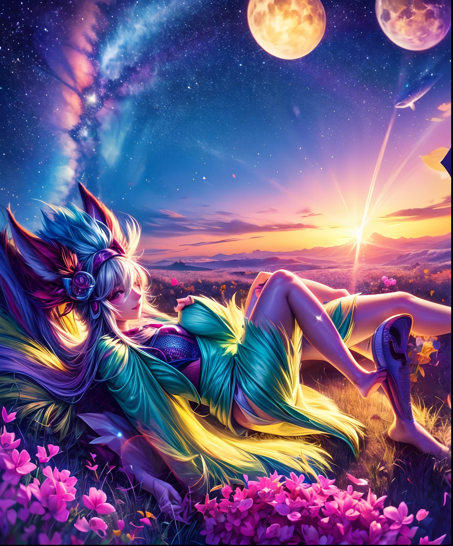 Describe a scene where a cute girl character is lying on a grassy hill, Looking up at the starry sky. Surround her with colorful nebulae and her favorite constellations.