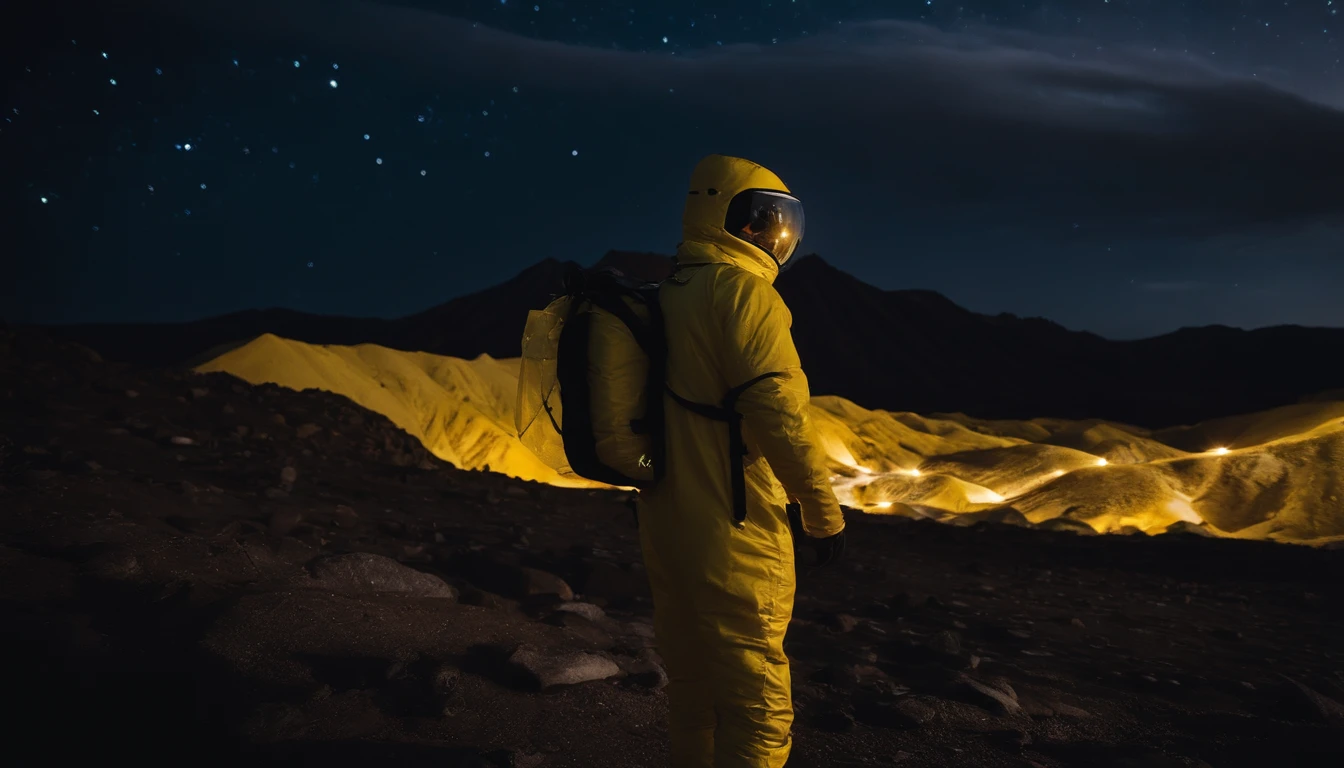 A person stands in the Ulanqab Volcano Geopark,Wearing yellow futuristic technology protective clothing,Master parts、Superior quality、Superior image quality、8K quality、Beautiful picture of the starry sky、magnifica、arching milkyway