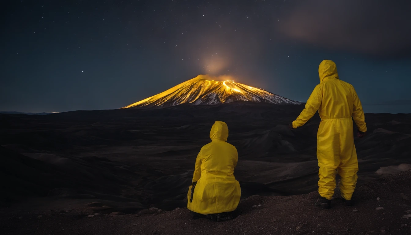 A person stands in the Ulanqab Volcano Geopark，Wearing yellow futuristic technology protective clothing，Master parts、Superior quality、Superior image quality、8K quality、Beautiful picture of the starry sky、magnifica、arching milkyway