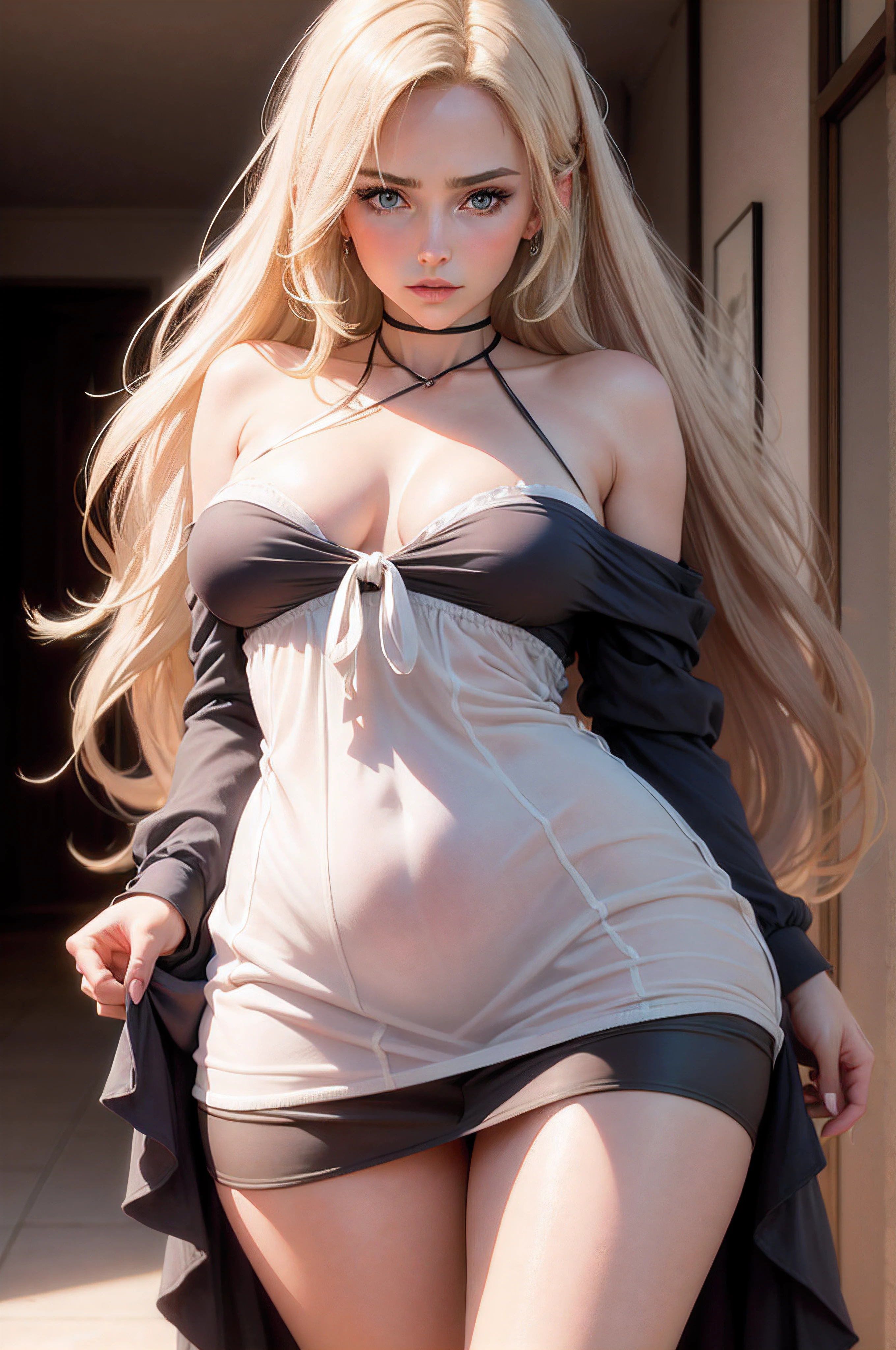 style hyper-realist comme une photographie, une femme par image, femme visible en entier ,laisser du vide autour du personnage, sur Femme 40 ans, seul, Serious, blonde big lip luscious, long cou, chique