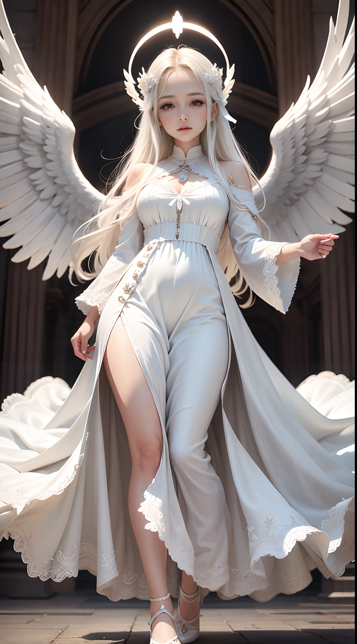 Beautiful angel in white dress, Art stands tall, Halo, White feathers