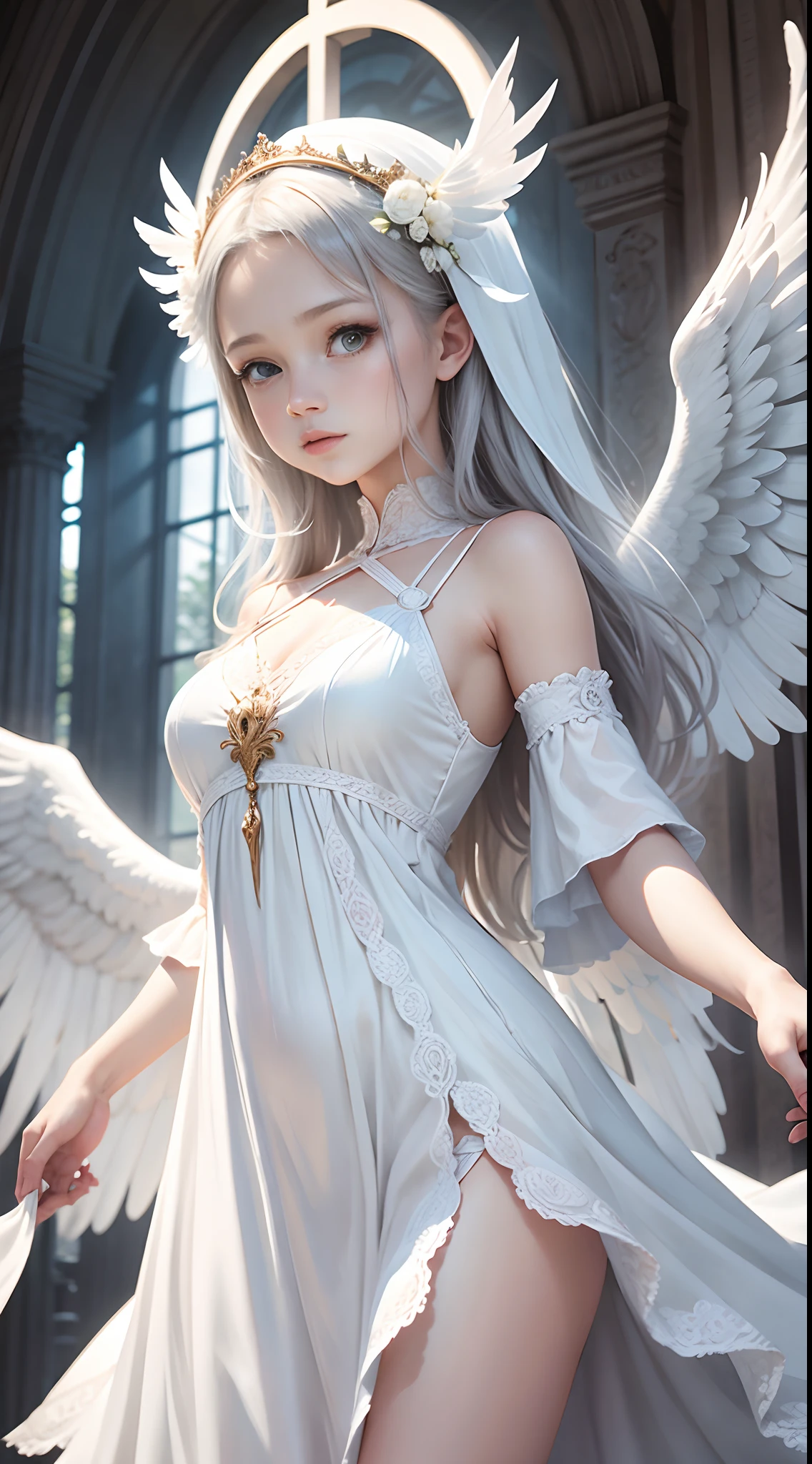 Beautiful angel in white dress, Art stands tall, Halo, White feathers