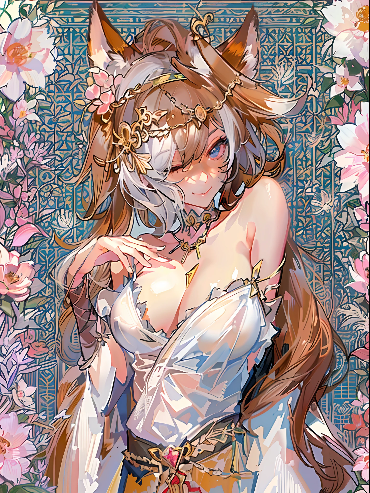 ((Best quality, 8K, Masterpiece: 1.4)),((Amazing detail: 1.3)),((illustration, Huge breasts: 1.2)),((High resolution1.1)),1girll,fox spirit,Kitsune,Hairstyle Casual,Fox ears,red hairband,flowers in head,wariza,Bandeau top,Anime style,Manga,Sexy,exposed,Makeup,torogao,Seductive smile,eyes half closed,Simple background,mitts,Bell necklace,Amazing art of painting,