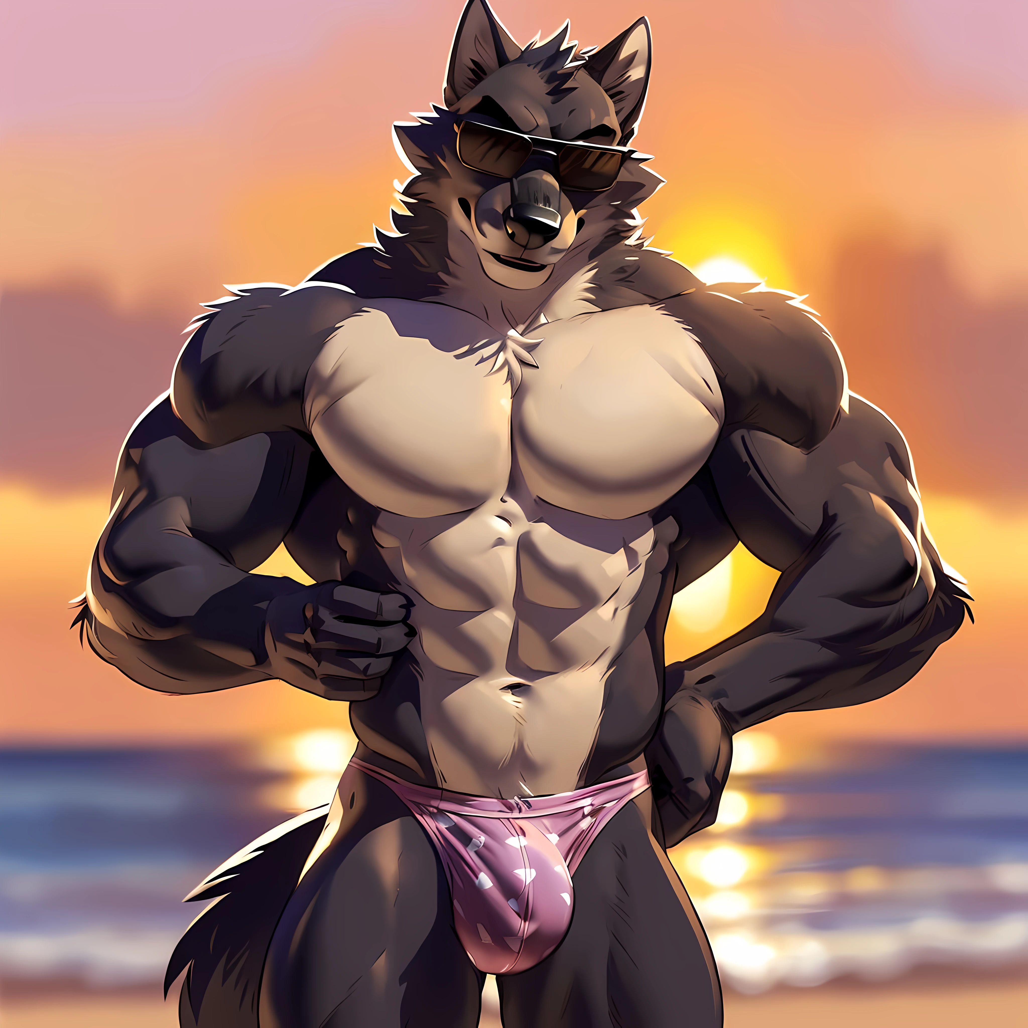 mr wolf, side view. 4k, high resolution, best quality, posted on e621, solo, anthro body, male, adult, masculine, (muscular:1.2), correct anatomy, (beach background, sea background, sky background, daytime:1.0), (blurry background, out-of-focus background:1.2), (by wfa:1.0), (by negger:1.0), (by chunie:0.5), , (cel shaded, cartoony shading:1.2), black lineart, black outline, flat coloring, (strong shadows, dark shadows:1.2), (pink speedos, bulge, wearing sunglasses:1.0),  shadows, wolf tail, half body