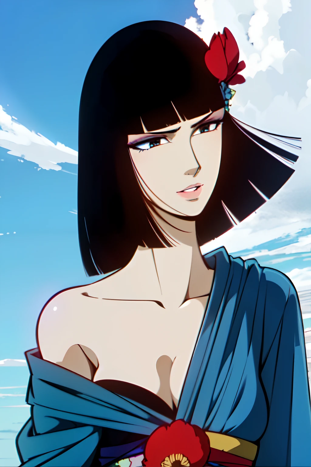 1girl, Oyuki \(the Dagger of kamui\), blue-Kimono with flower pattern, black leotard, flower headdress, jet-black hair, black eyes, blue eyeshadow, red lips, ((upper body, face focus)),