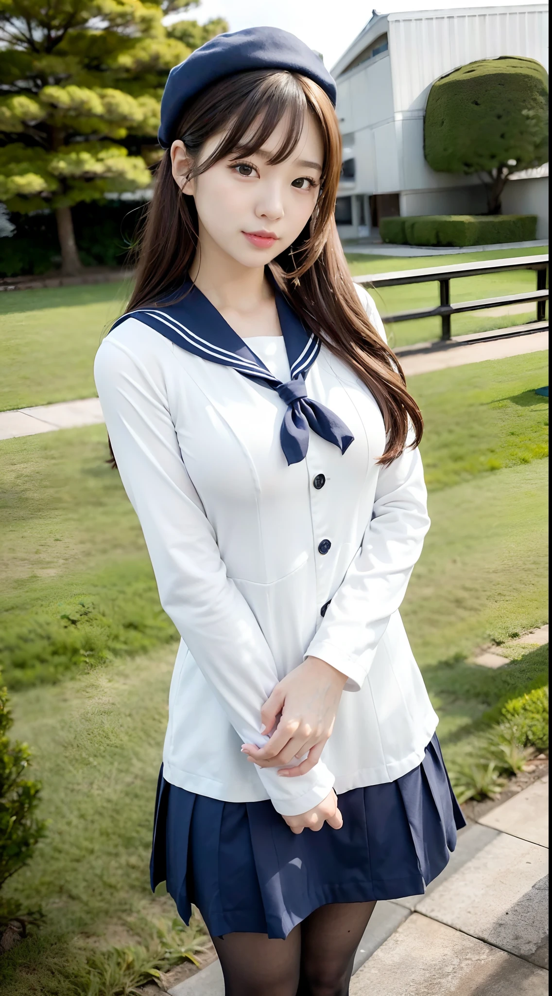 １a beauty girl,hi-school girl,a sailor suit,Lower milk is visible,full body Esbian,Chestnut hair,a miniskirt,A slight smil,Bottom to top angle