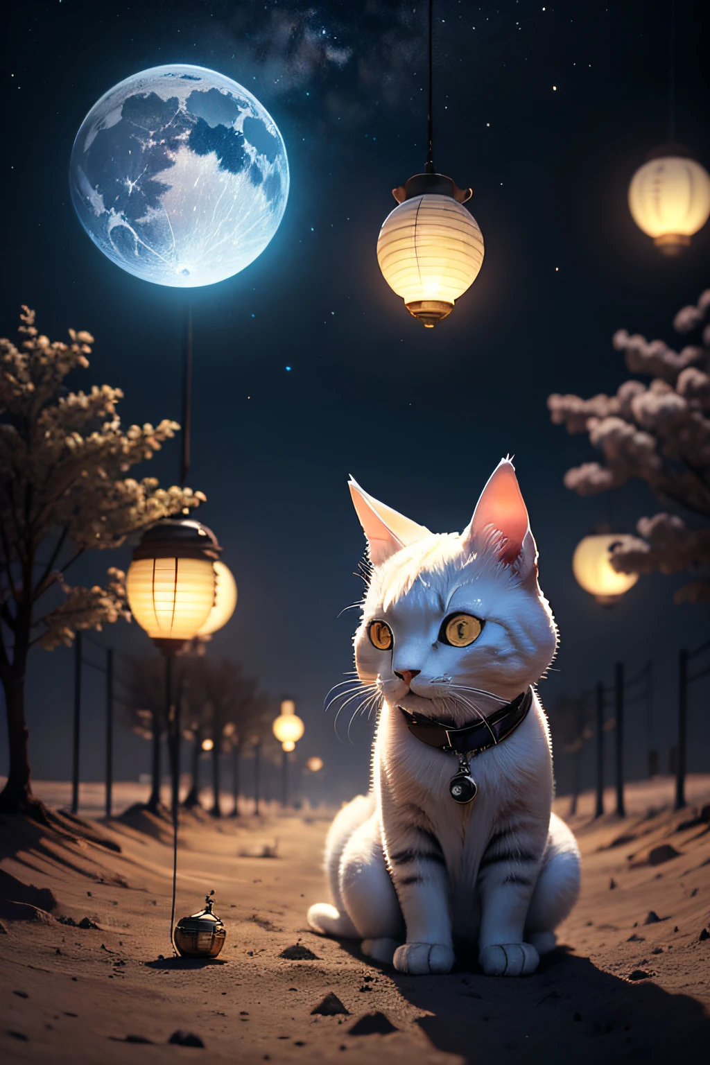 Standing on the lunar surface,In the distance the sky is the earth,The Earth is far away,On the left is a large tree,The trees are hung with lanterns,The lantern glows,A cat crouched under the tree。The cat has rabbit ears on its head